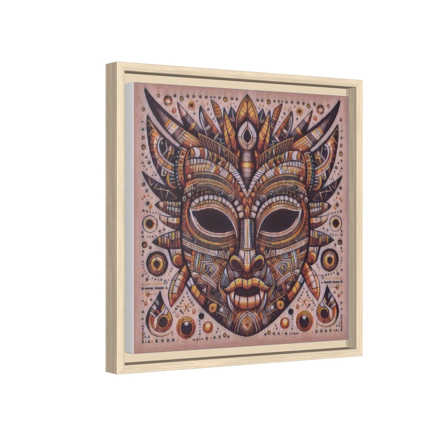 Tribal Mask Framed Canvas Art — Multicolor Matte Wall Decor