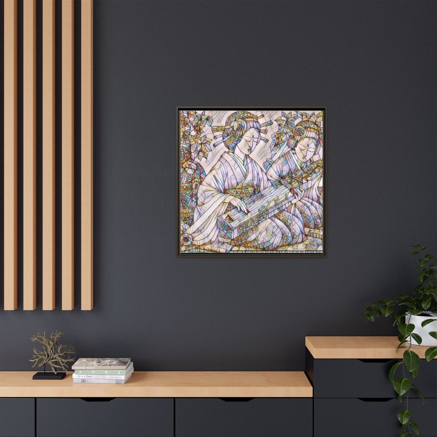 Framed Matte Canvas Print — Stained-Glass Geisha Duo