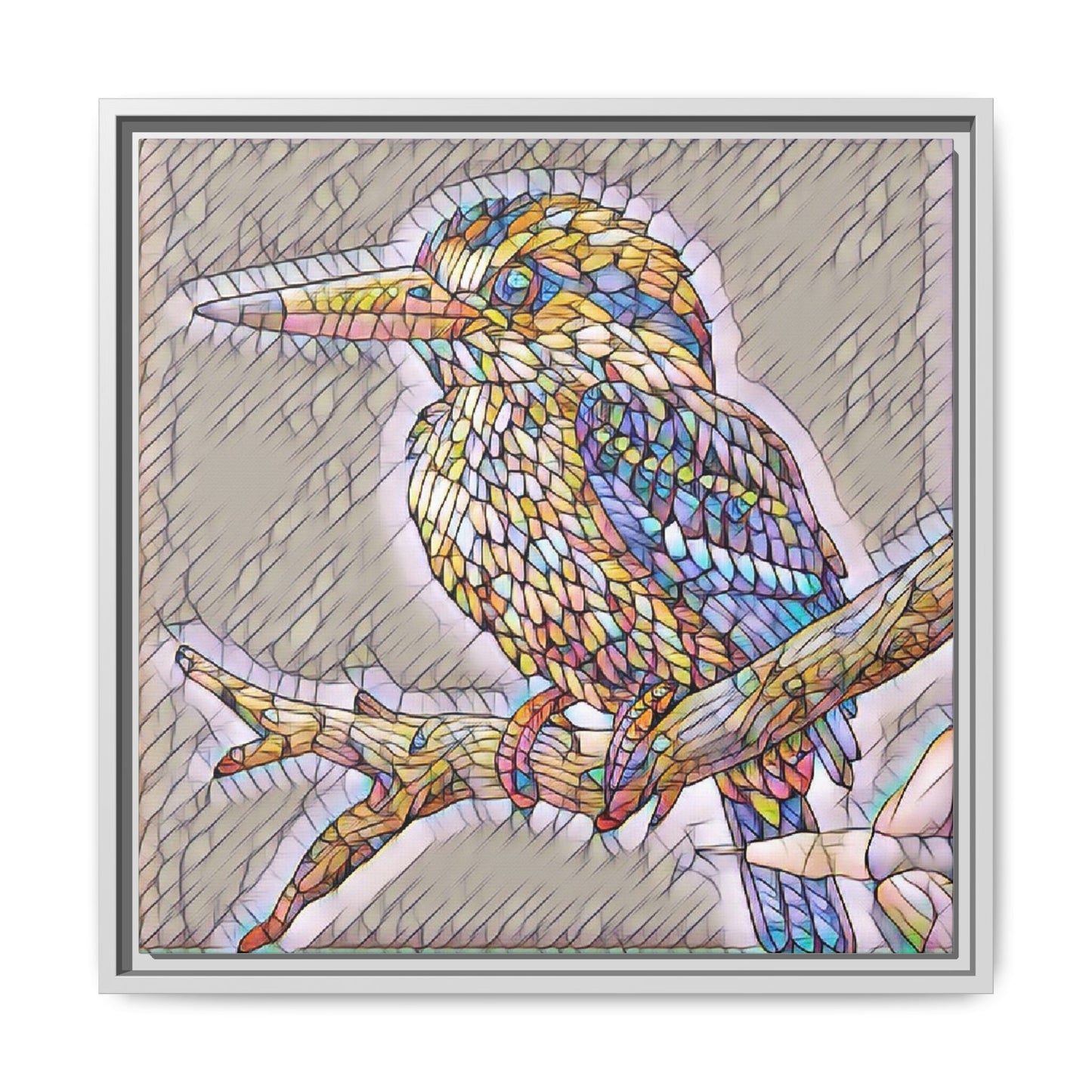 Colorful Kingfisher Framed Canvas Wall Art — Stained-Glass Style Bird Print