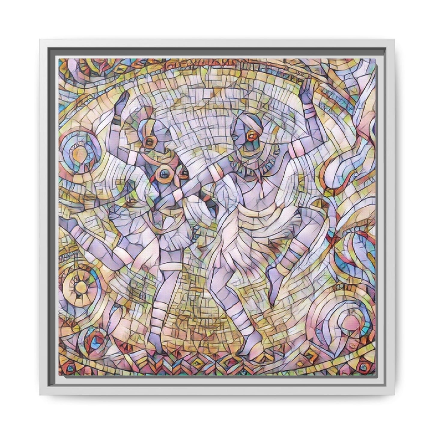 Abstract Dancers Matte Framed Canvas Wall Art — Multi‑Color Stained Glass Style