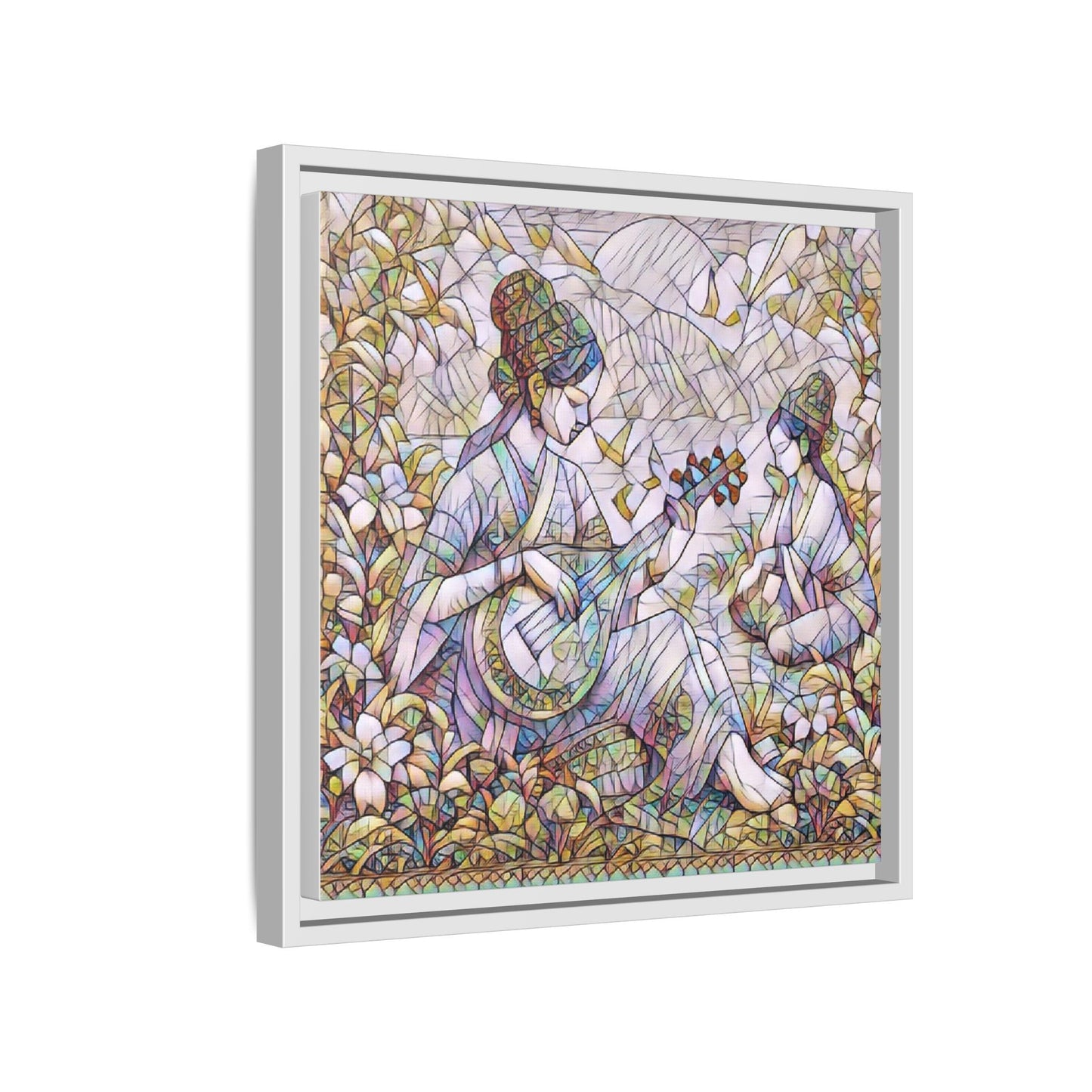 Framed Matte Canvas Art - Vintage Asian Musicians Floral Illustration
