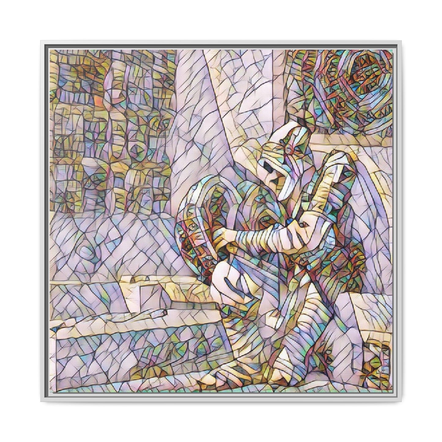 Framed Matte Canvas Art — Colorful Stained-Glass Astronaut Embrace