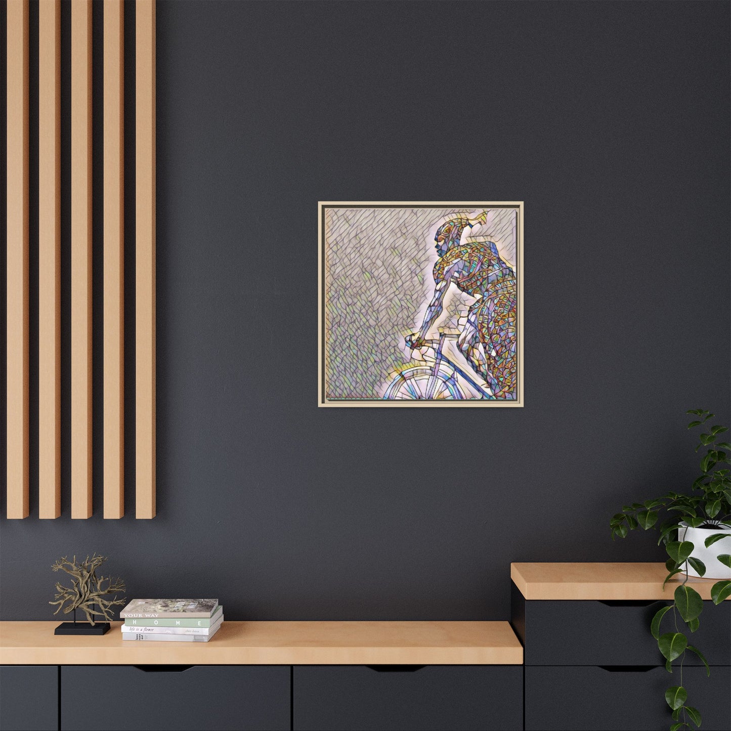 Cyclist Mosaic Matte Canvas Print — Framed Multicolor Bike Art