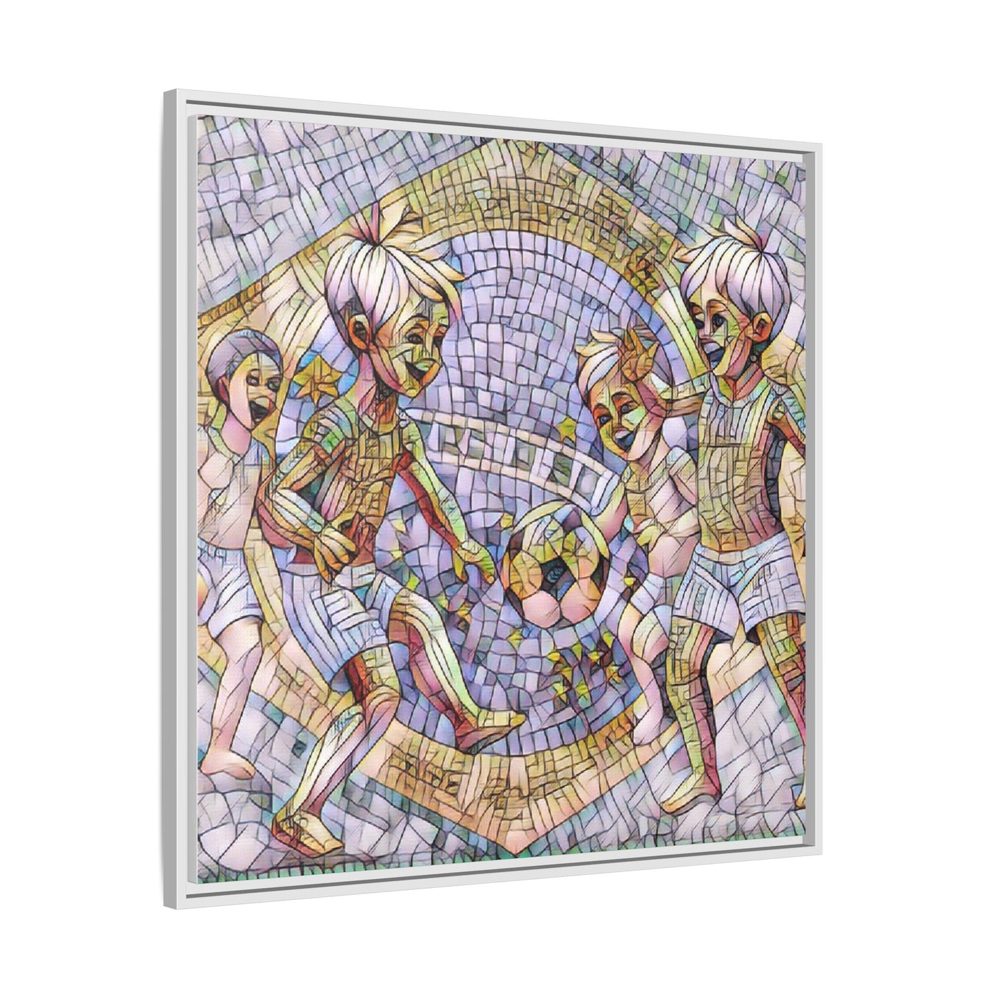 Framed Matte Canvas – Vintage Mosaic Kids Playing Soccer Art