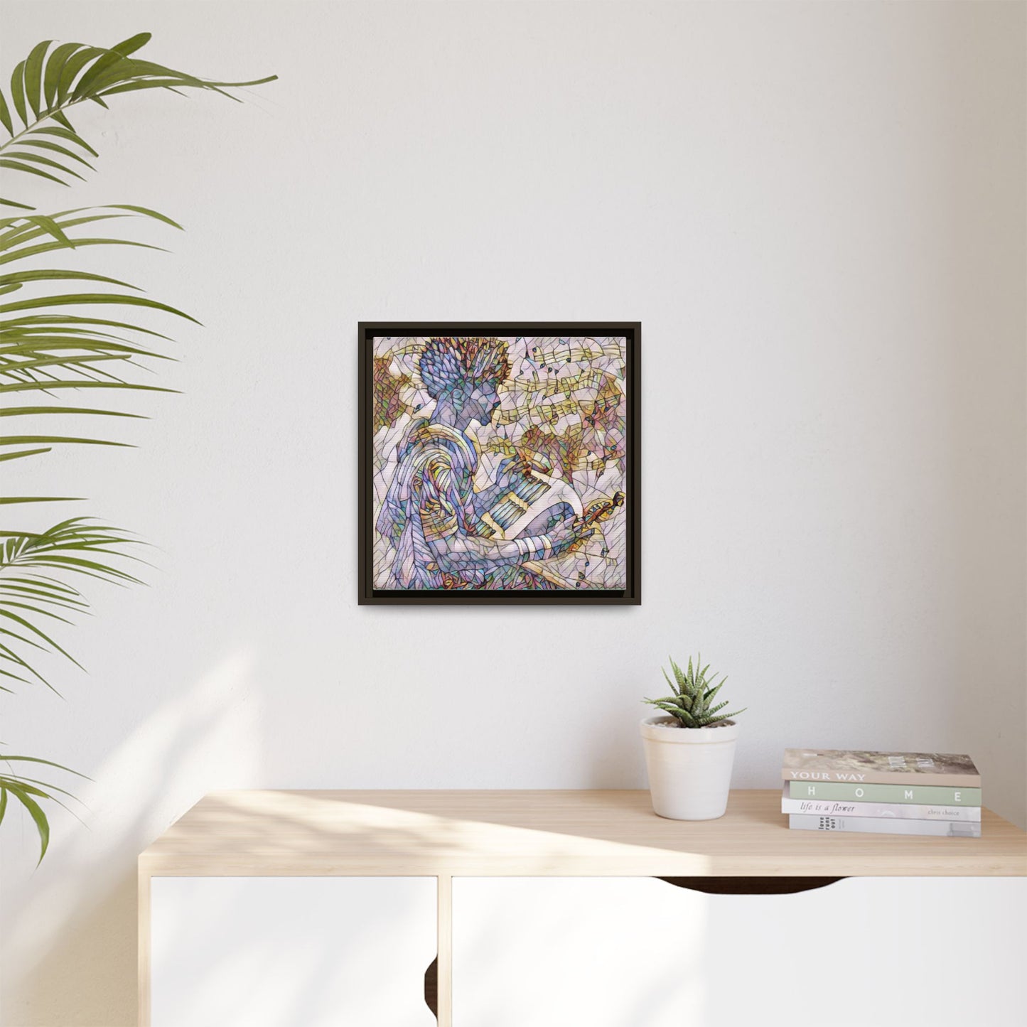 Abstract Jazz Musician Framed Canvas Art — Colorful Stained-Glass Style Wall Decor