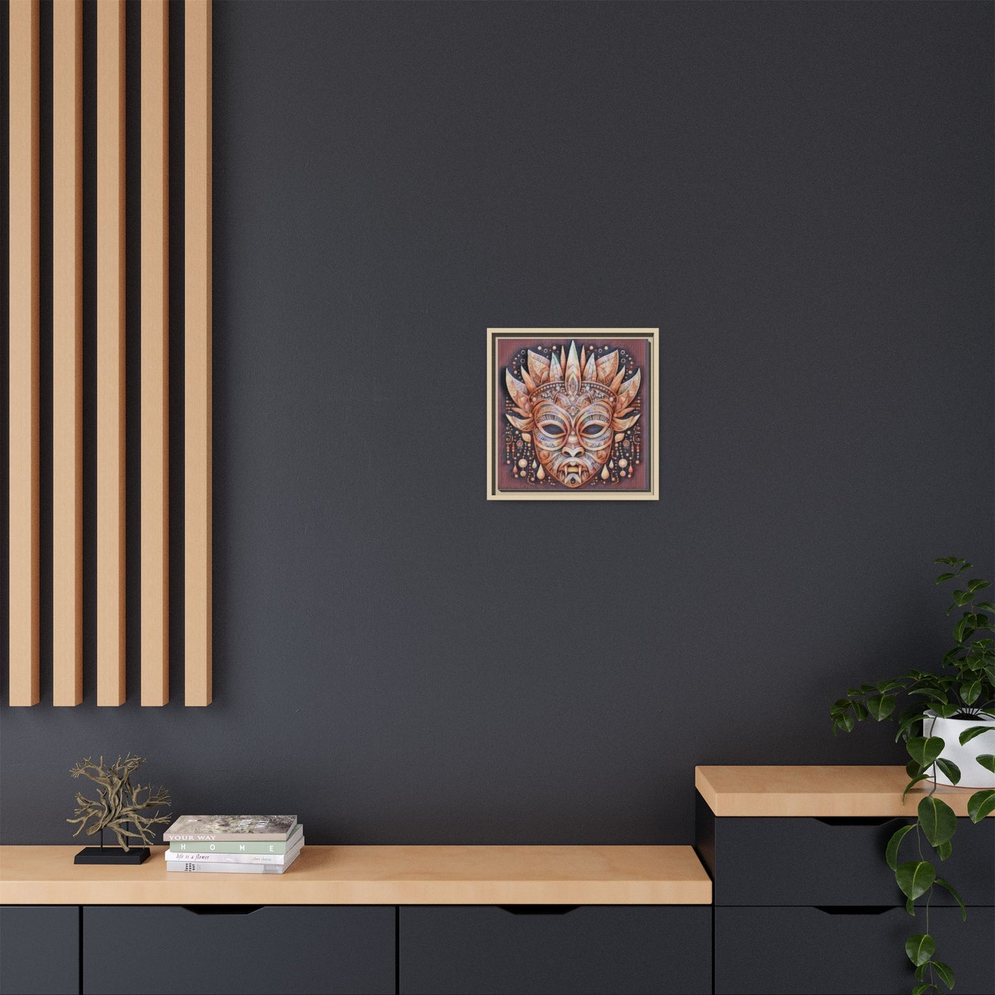 Tribal Sun Mask Framed Canvas Art — Boho Ethnic Wall Decor