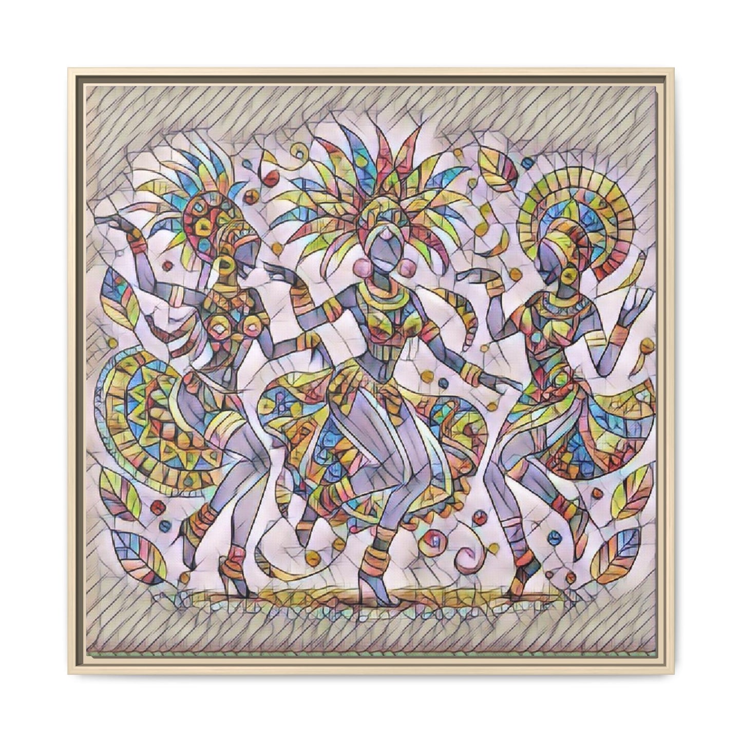 Colorful Carnival Dancers Framed Canvas Art — Multicolor Tribal Celebration Print