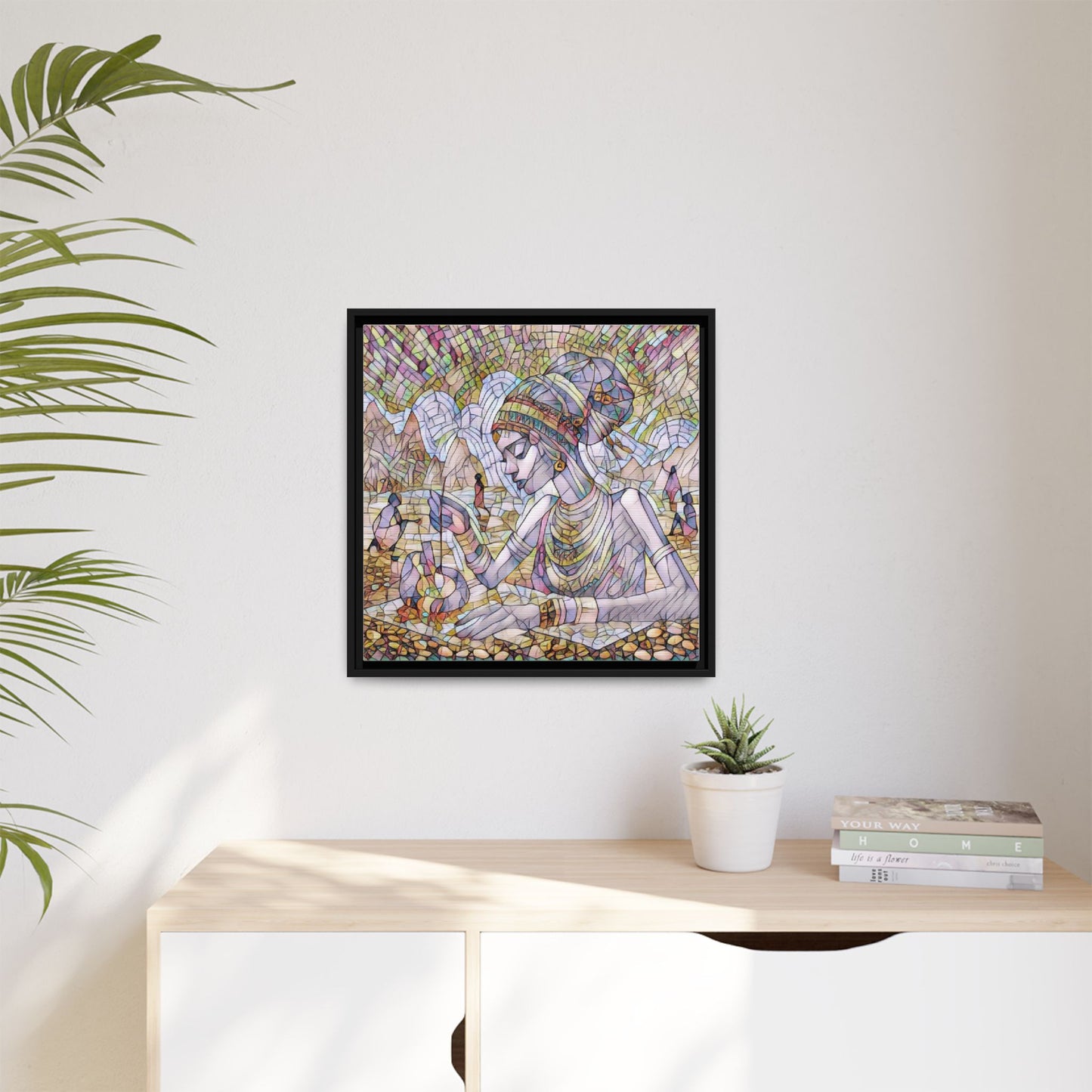 Framed Matte Canvas Art — Mosaic-Inspired Egyptian Woman Illustration