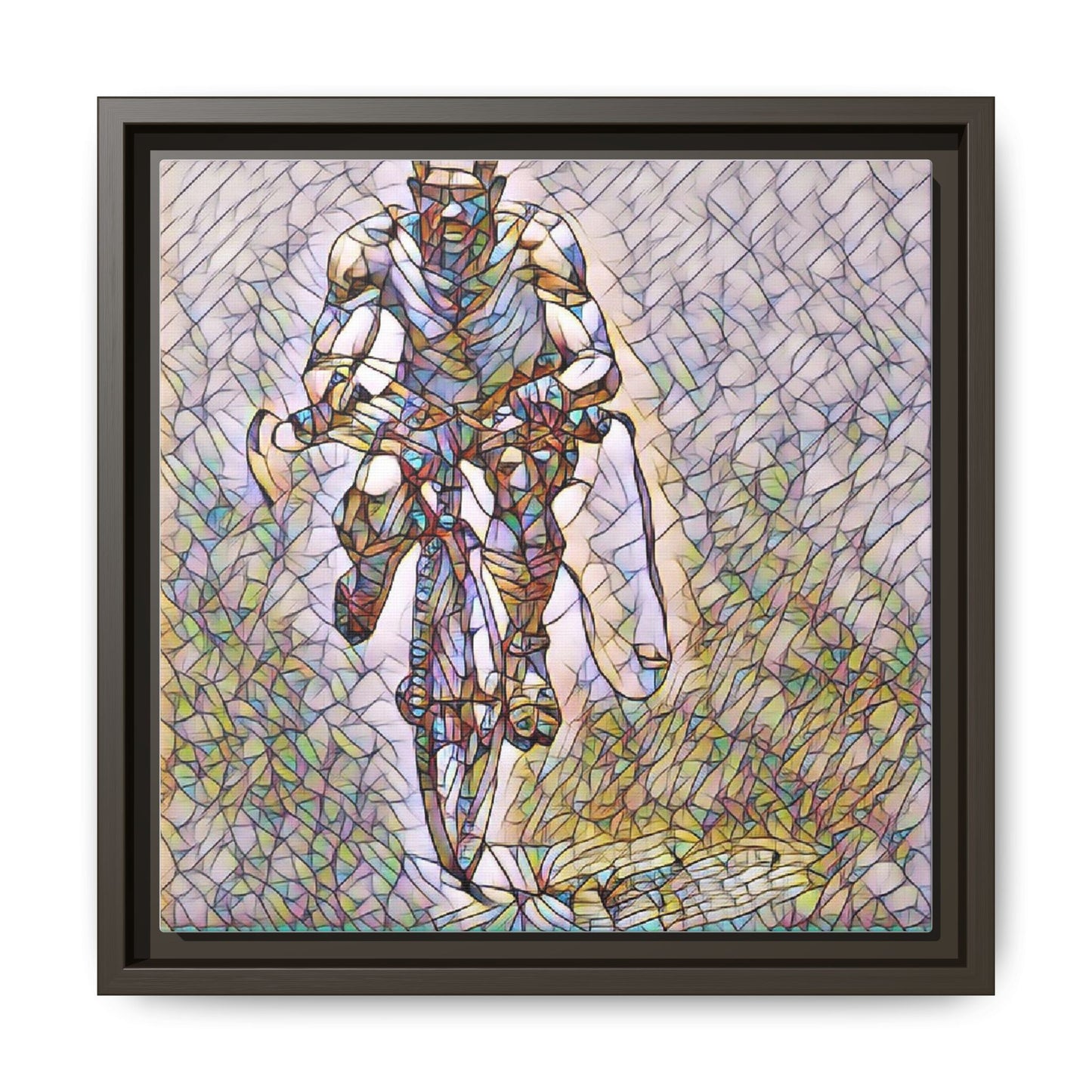 Cyclist Art Print — Framed Matte Canvas Wall Art (Multicolor Stained-Glass Style)
