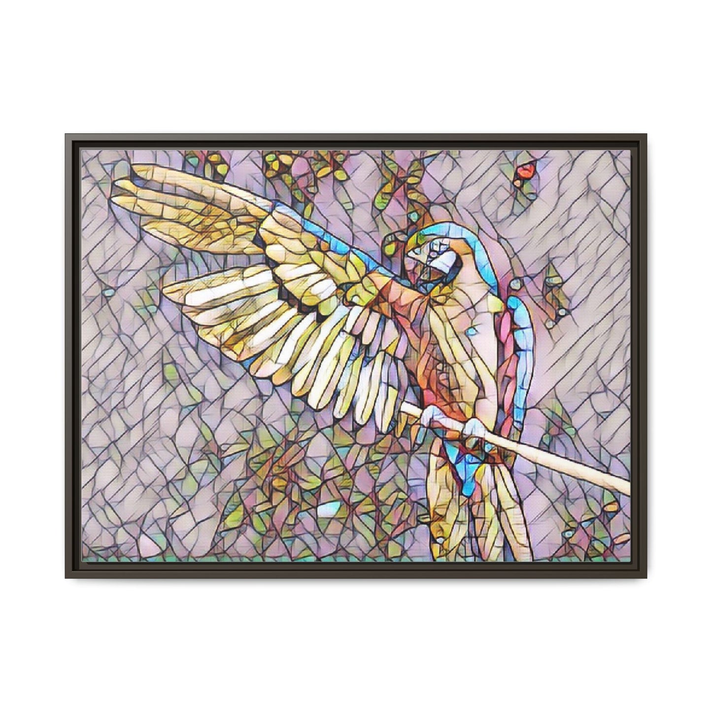 Framed Parrot Stained-Glass Art Print — Matte Canvas Wall Decor