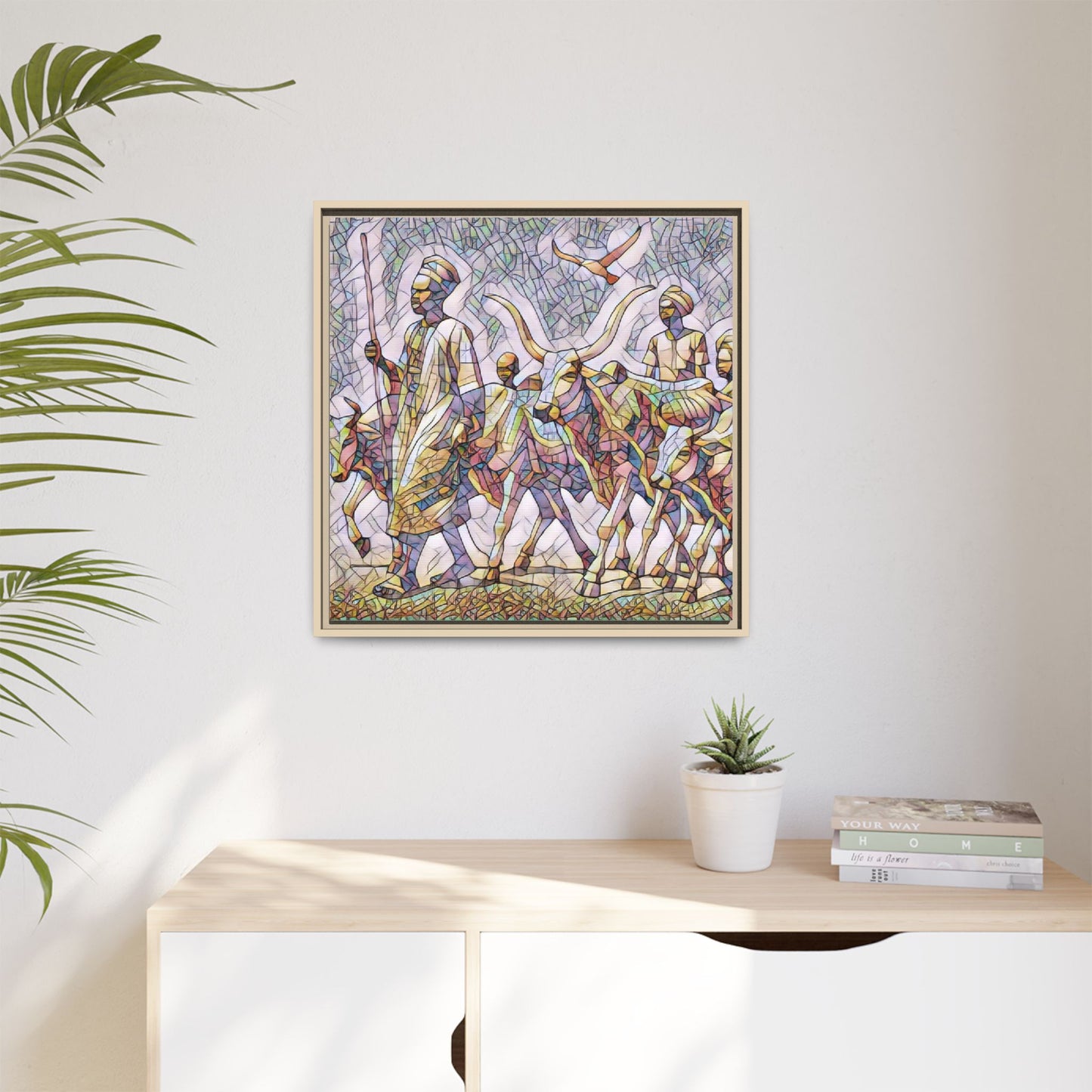Framed Matte Canvas: Colorful African Herdsmen Art Print