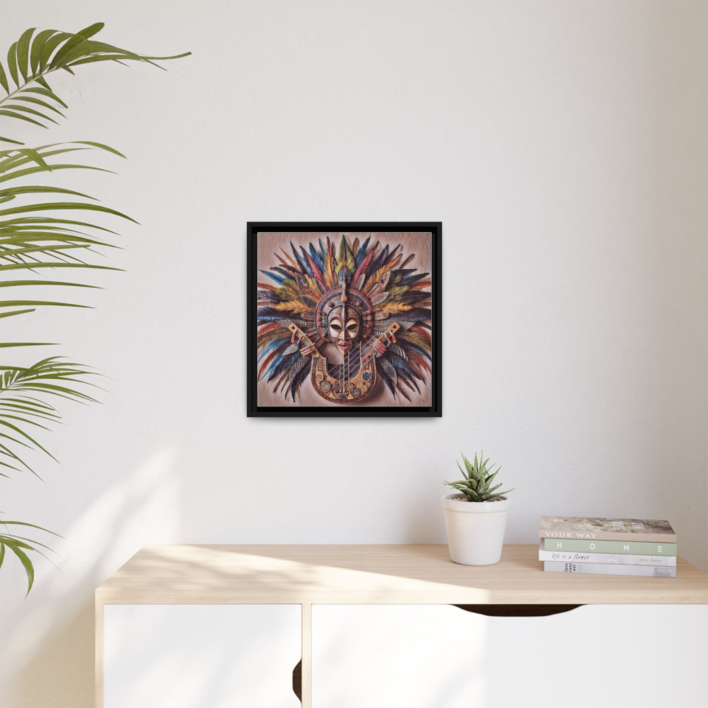 Tribal Feather Mask Guitar Framed Canvas Art — Colorful Boho Wall Decor