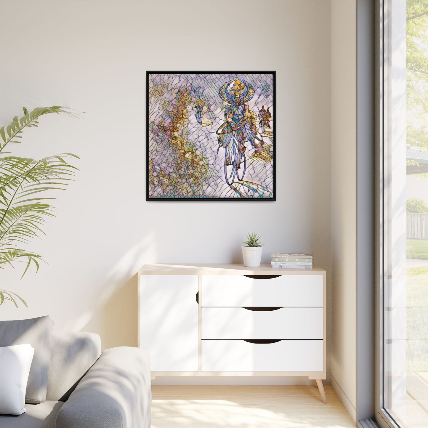 Abstract Cyclist Stained-Glass Art Print — Framed Matte Canvas