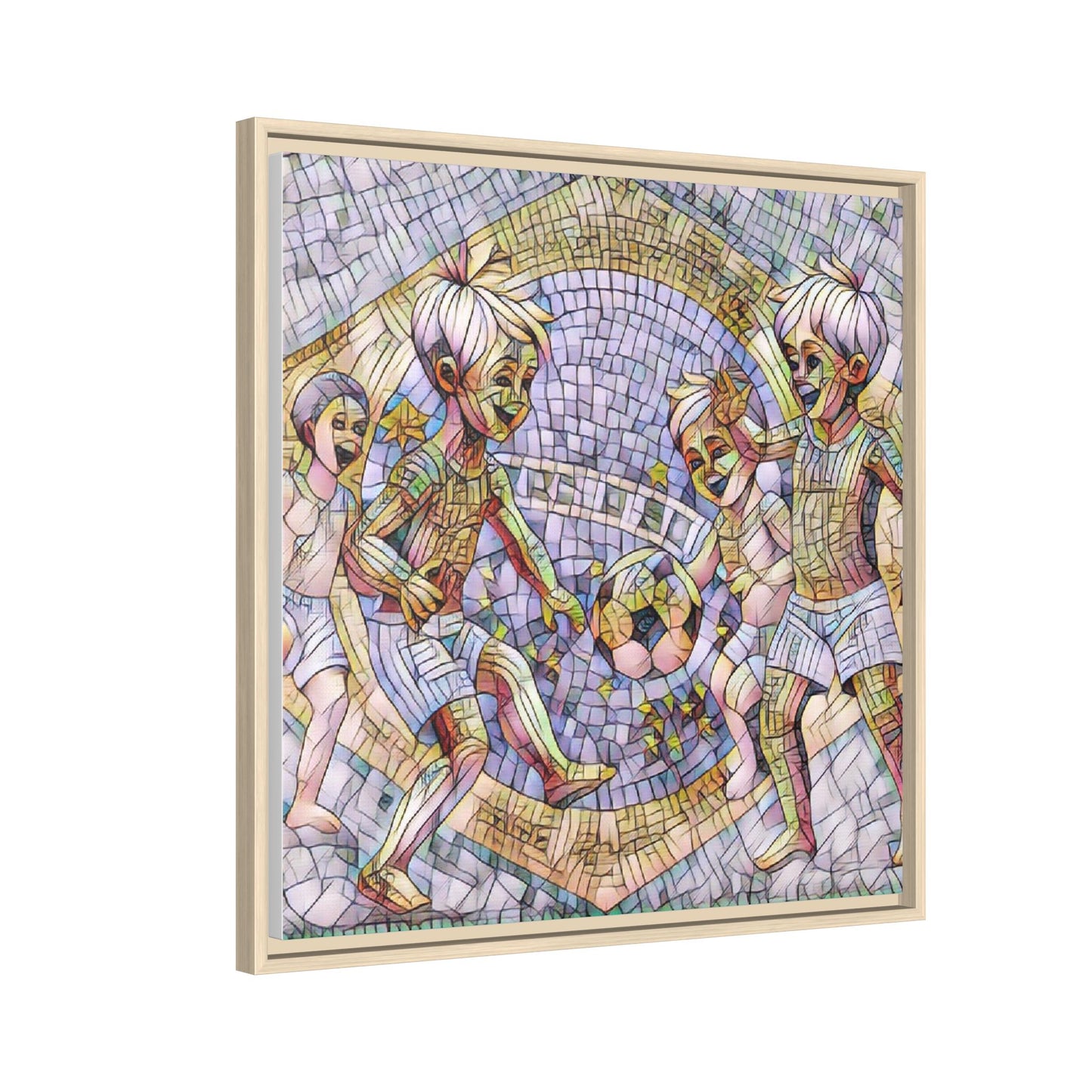 Framed Matte Canvas – Vintage Mosaic Kids Playing Soccer Art