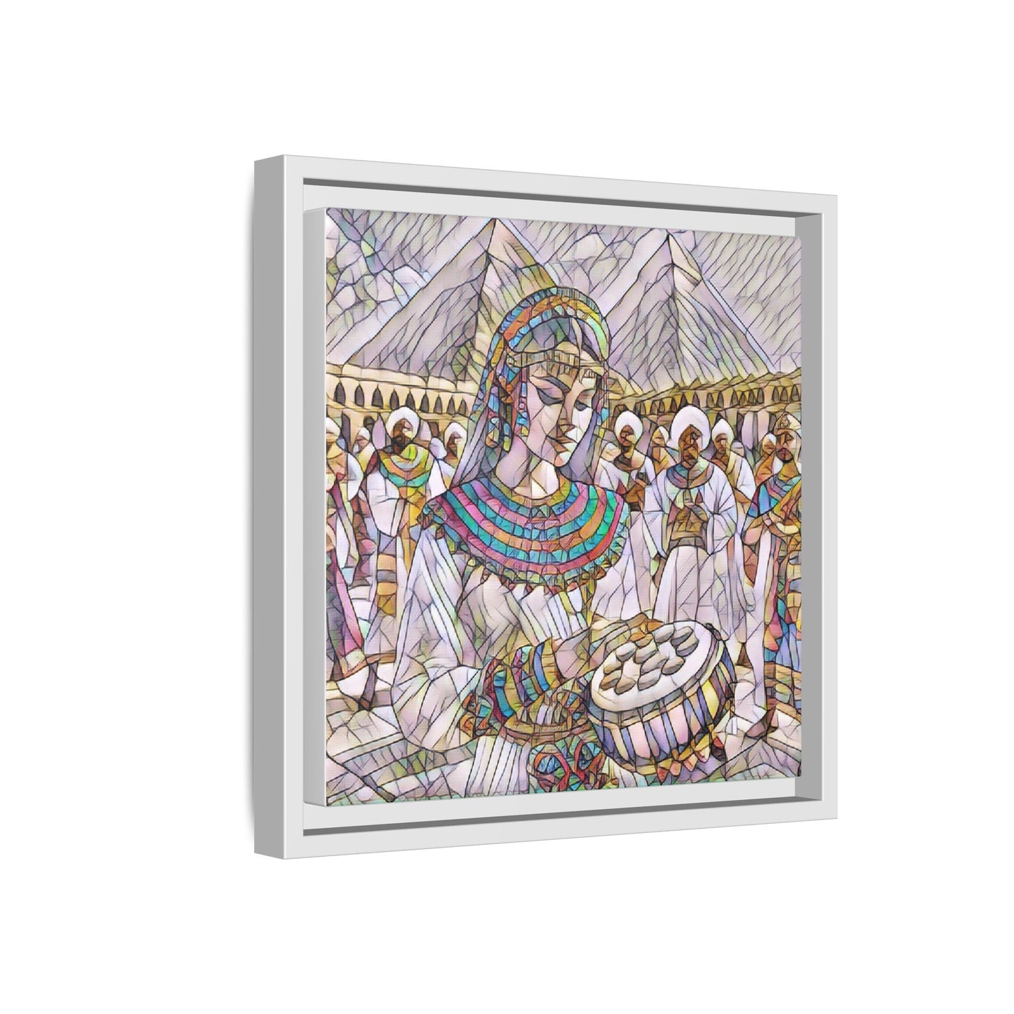 Egyptian Drum Player Framed Canvas Art — Colorful Ancient Scene Wall Decor