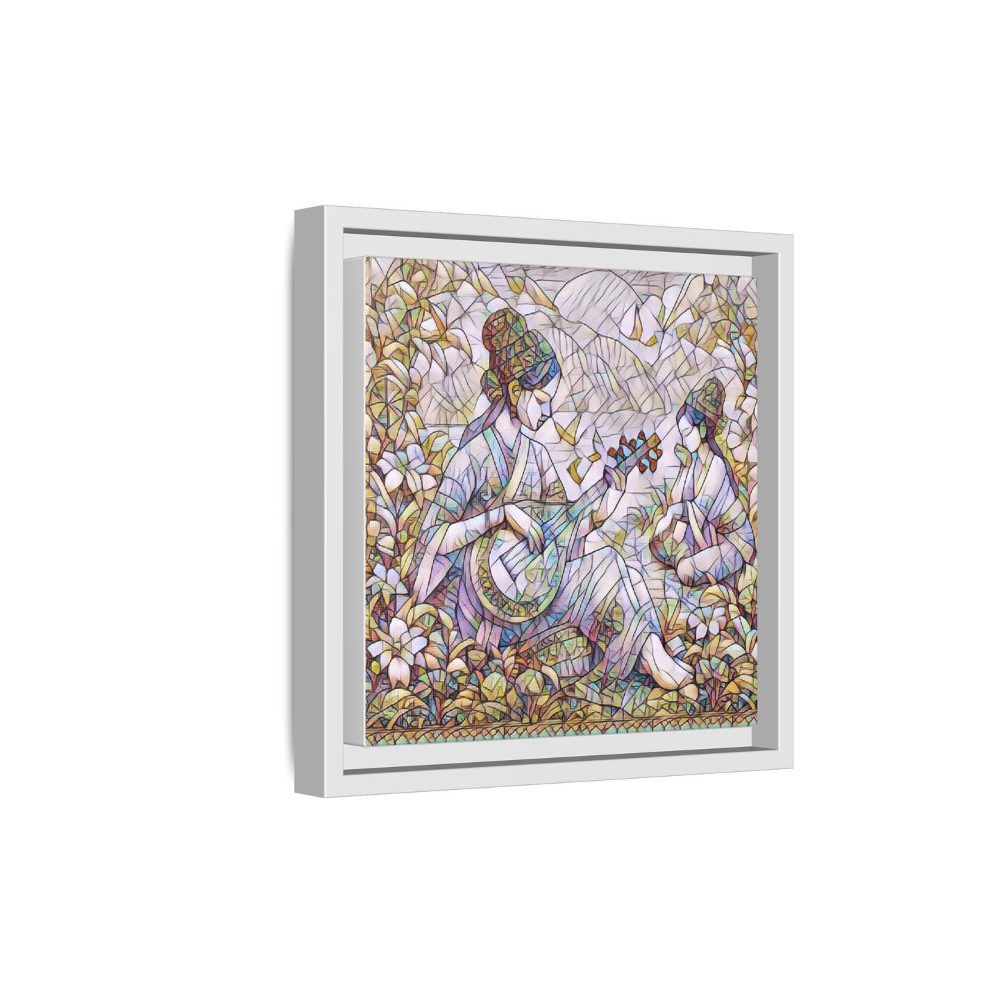 Framed Matte Canvas Art - Vintage Asian Musicians Floral Illustration