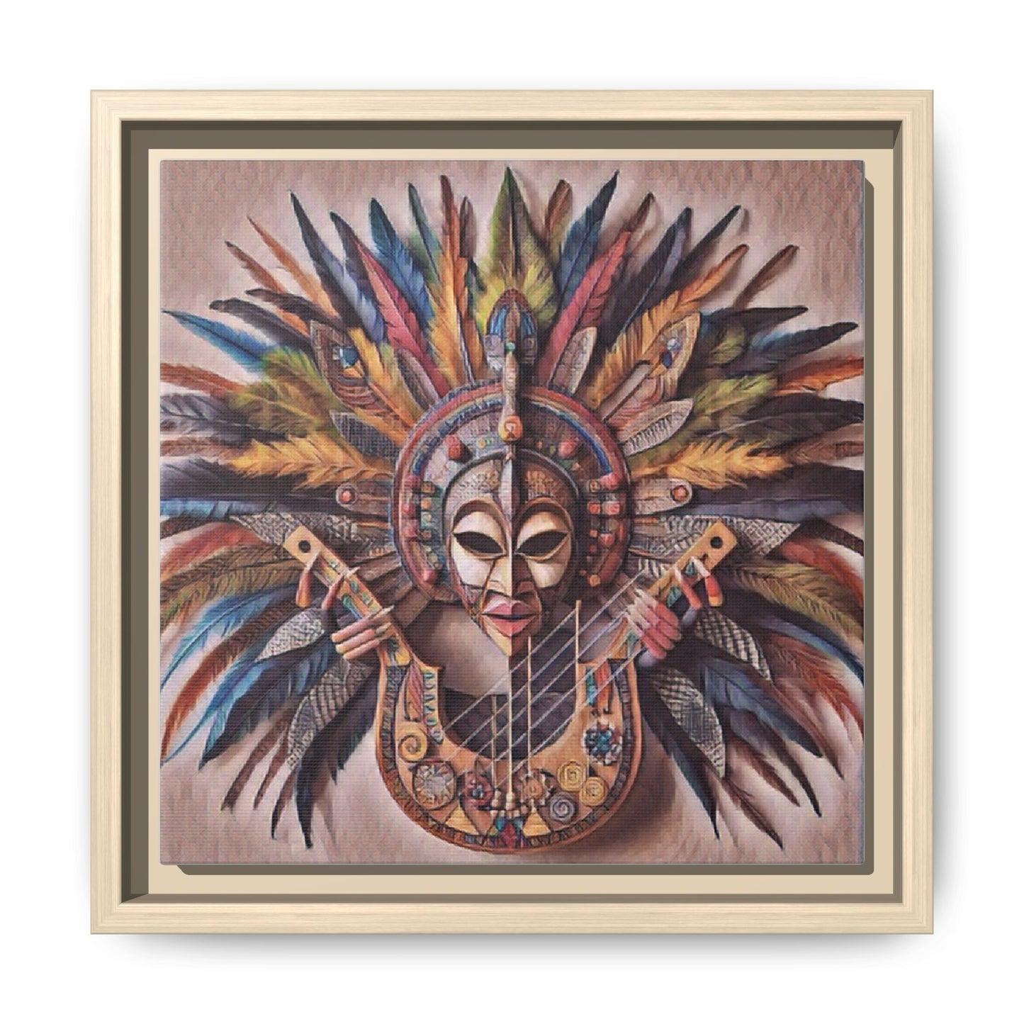 Tribal Feather Mask Guitar Framed Canvas Art — Colorful Boho Wall Decor