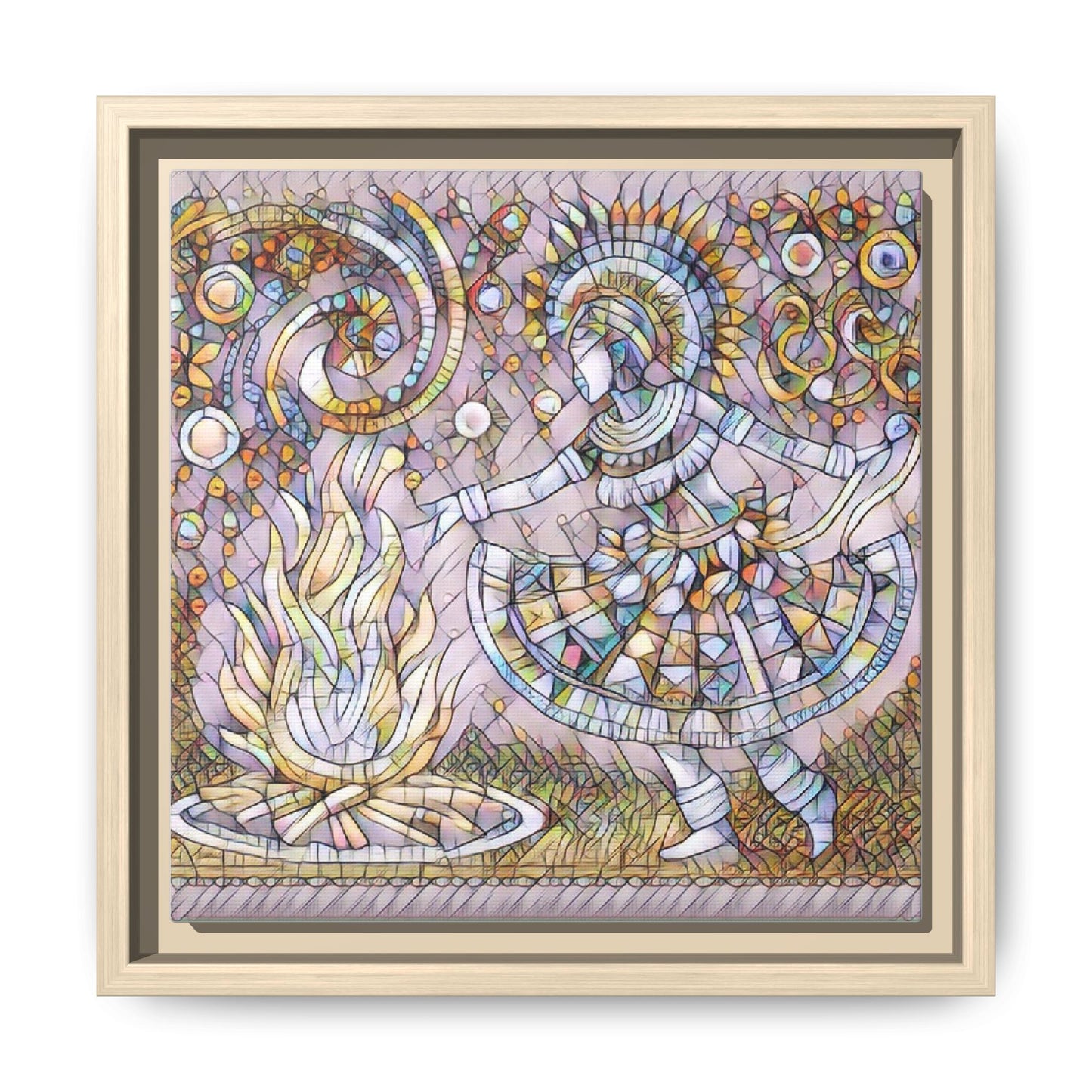 Bohemian Fire Dancer Framed Canvas Art — Colorful Folk Mosaic Wall Decor