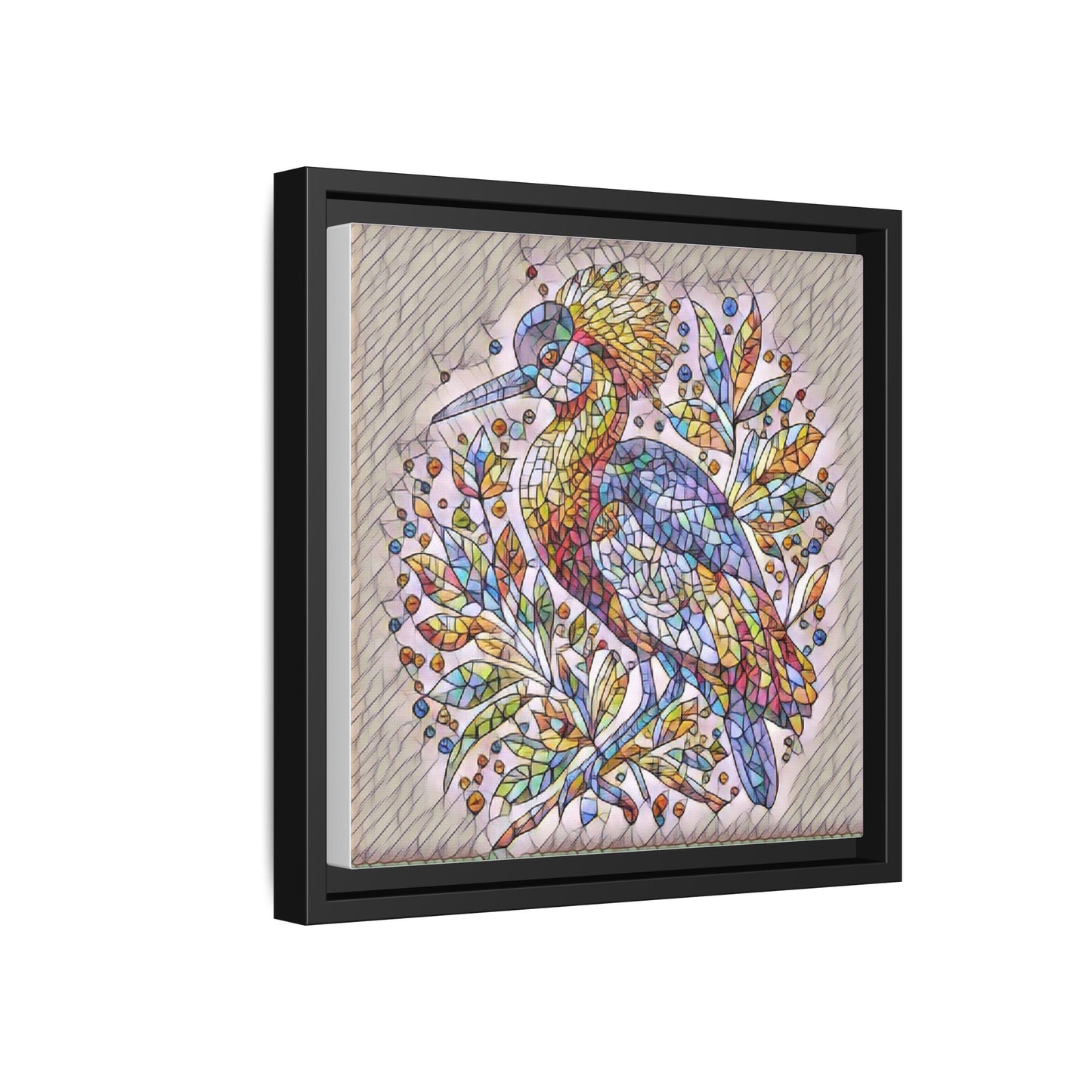 Colorful Stained-Glass Heron — Framed Matte Canvas Wall Art