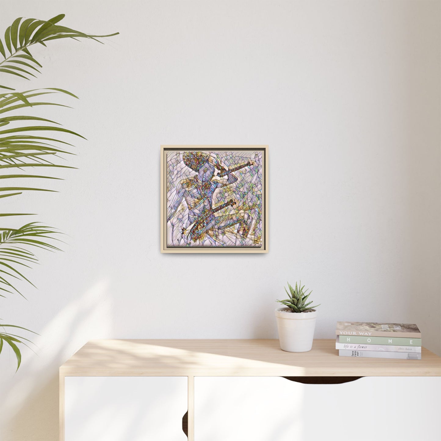 Stained Glass Blue Musician — Framed Matte Canvas Art