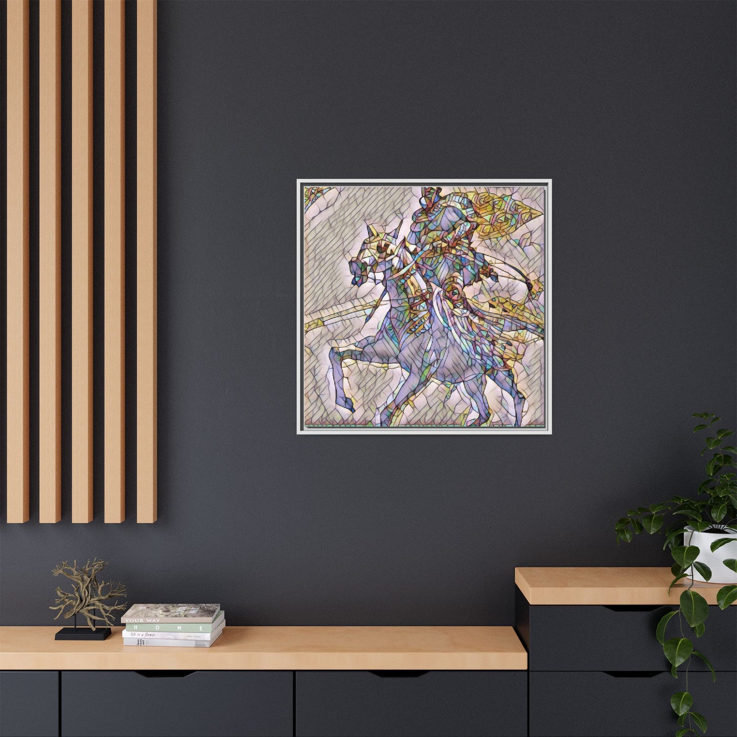 Framed Matte Canvas Art — Stained Glass Knight on Horse Fantasy Wall Decor