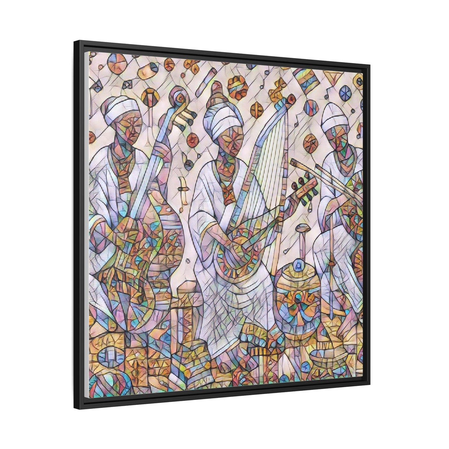 Framed Matte Canvas Print — Colorful African Musicians Stained-Glass Art