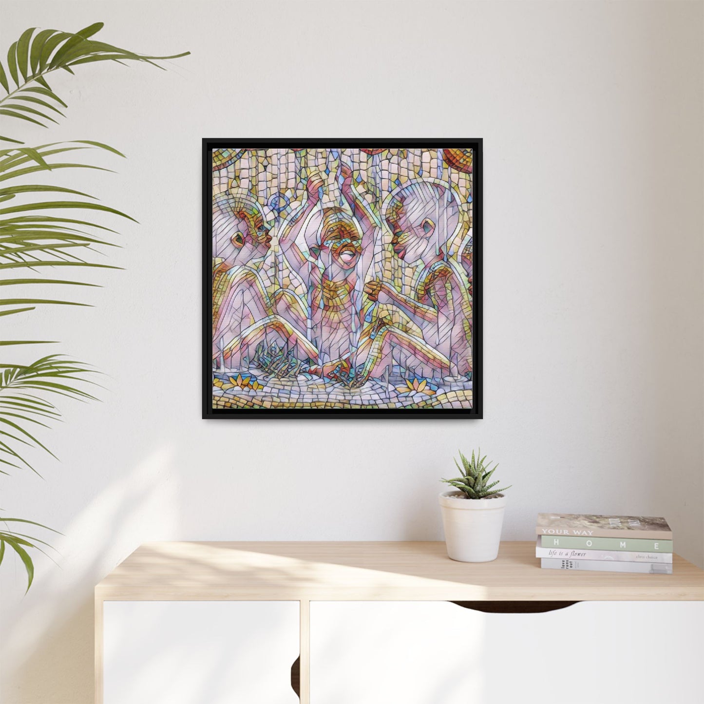 Framed Matte Canvas Art — Mosaic Children Playing (Multicolor)