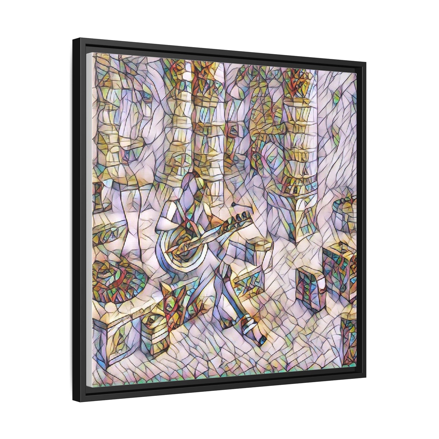 Framed Matte Canvas Art - Abstract Guitarist in Colorful Mosaic