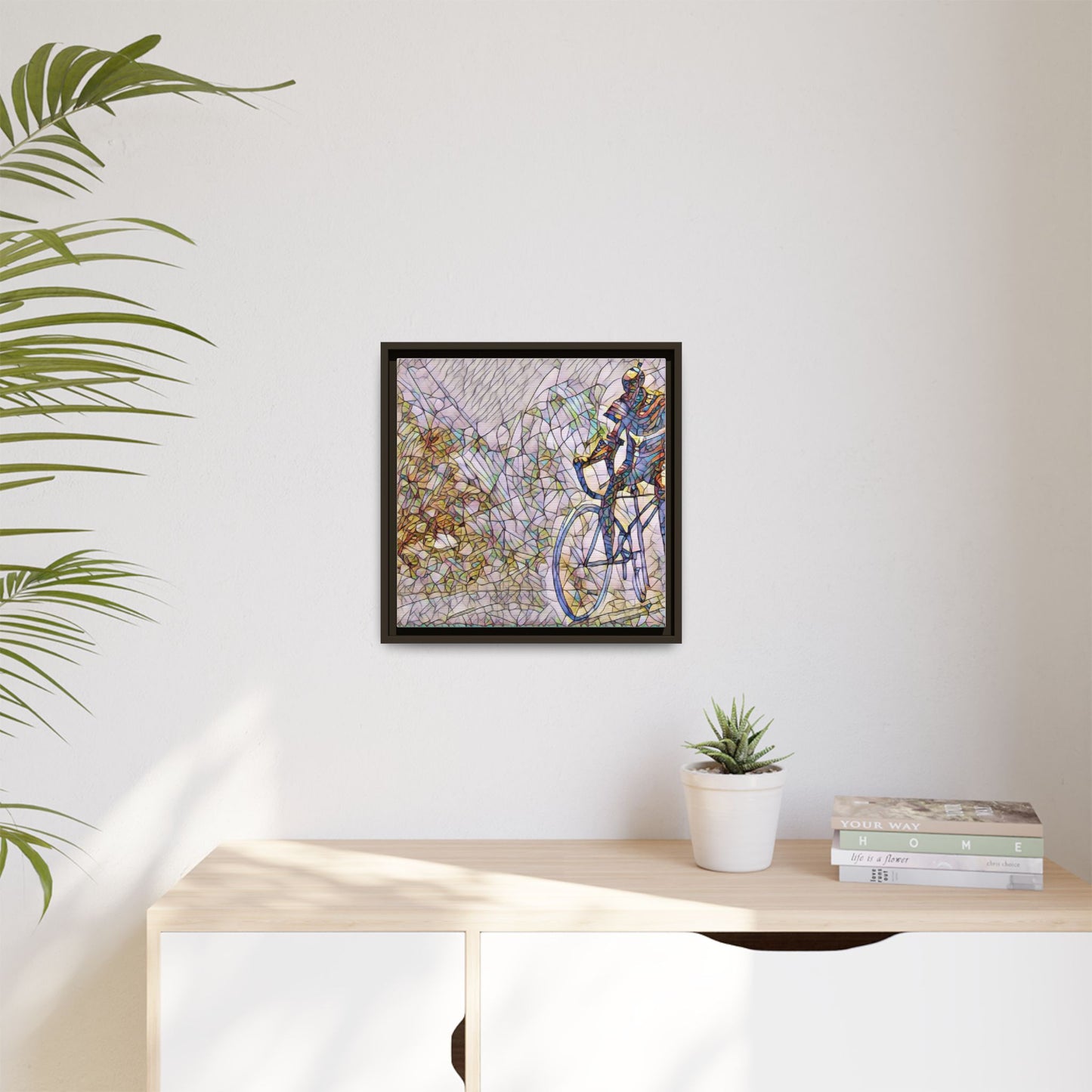 Colorful Cyclist Stained-Glass Art — Framed Matte Canvas