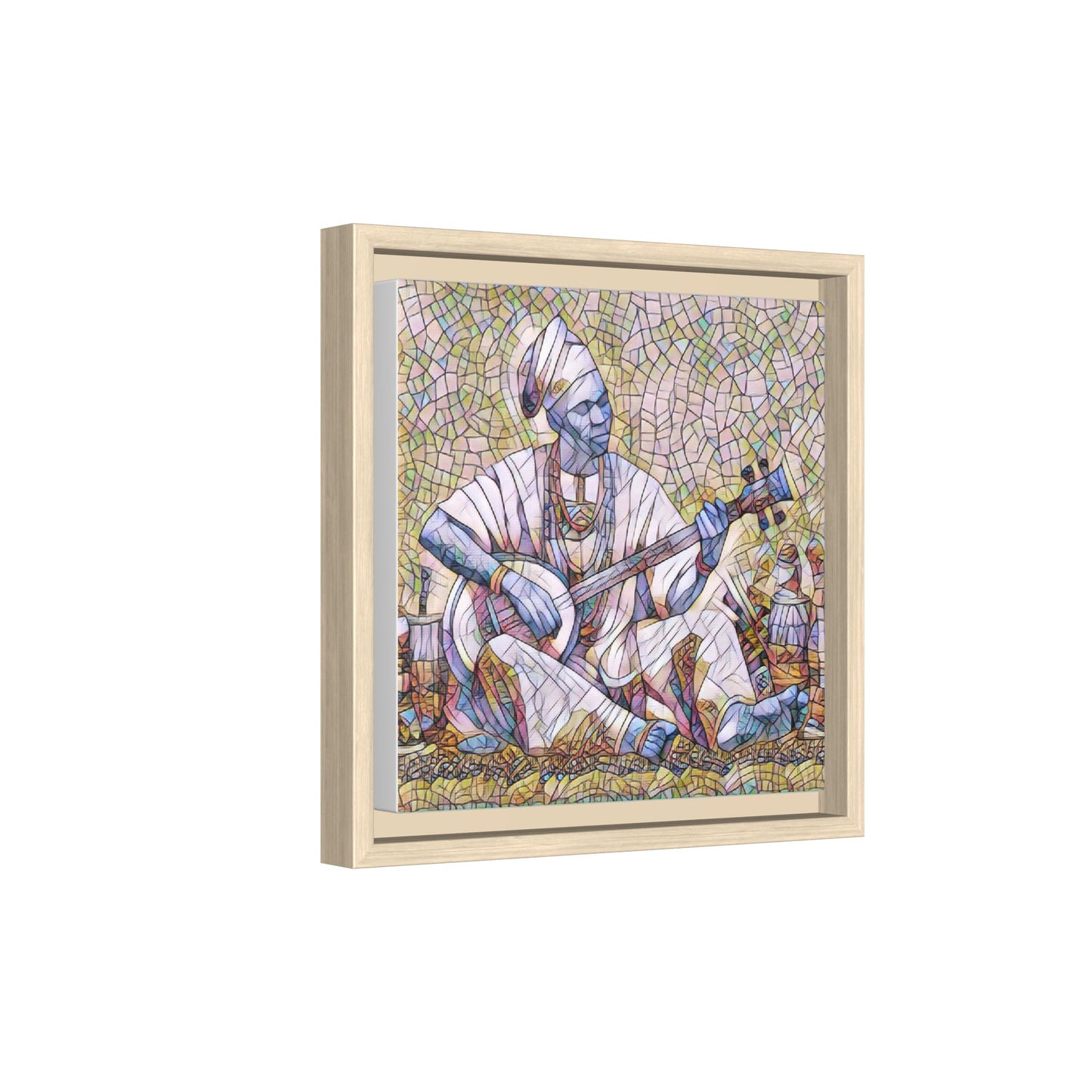 Framed Mosaic Musician Canvas Art — African Griot with Kora