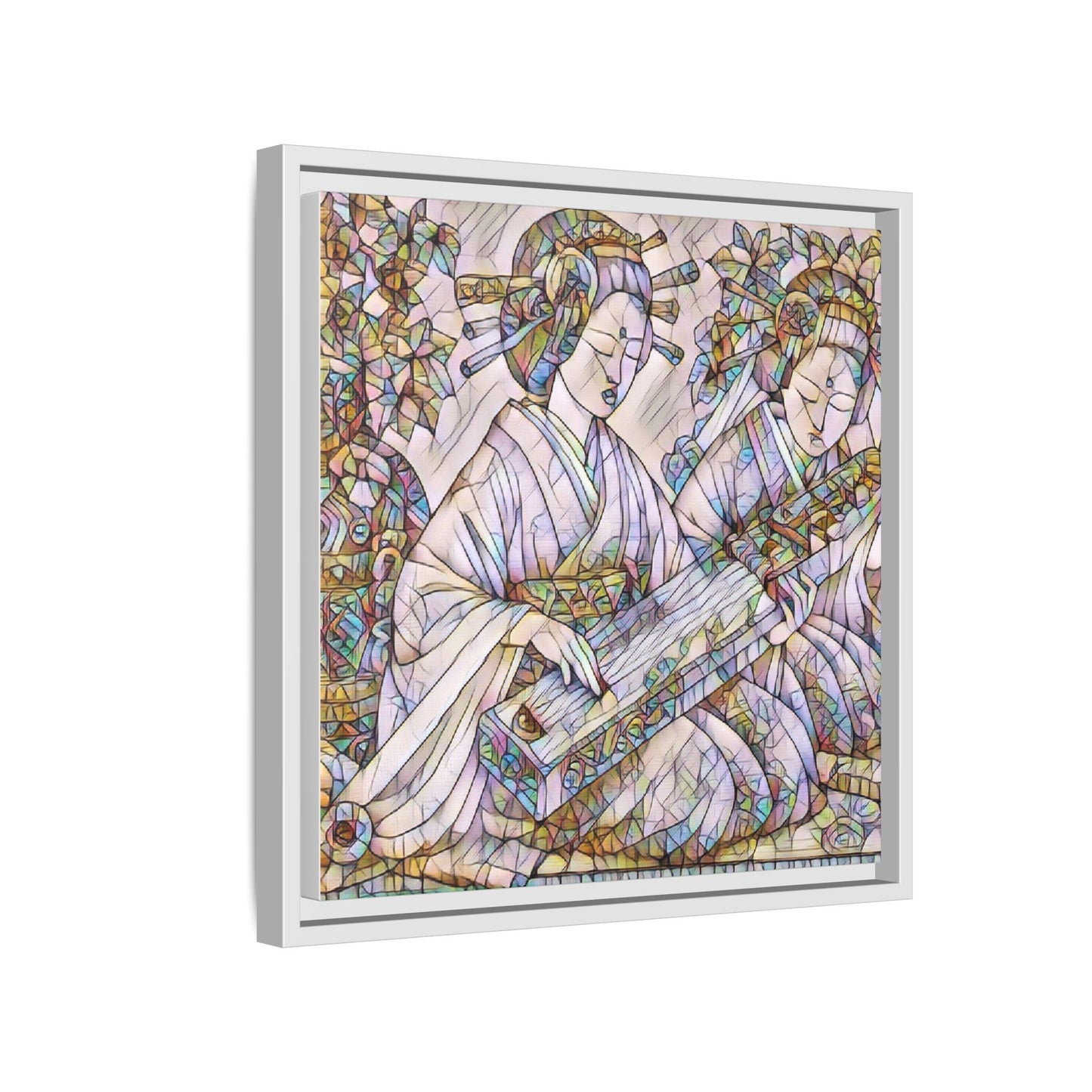 Framed Matte Canvas Print — Stained-Glass Geisha Duo