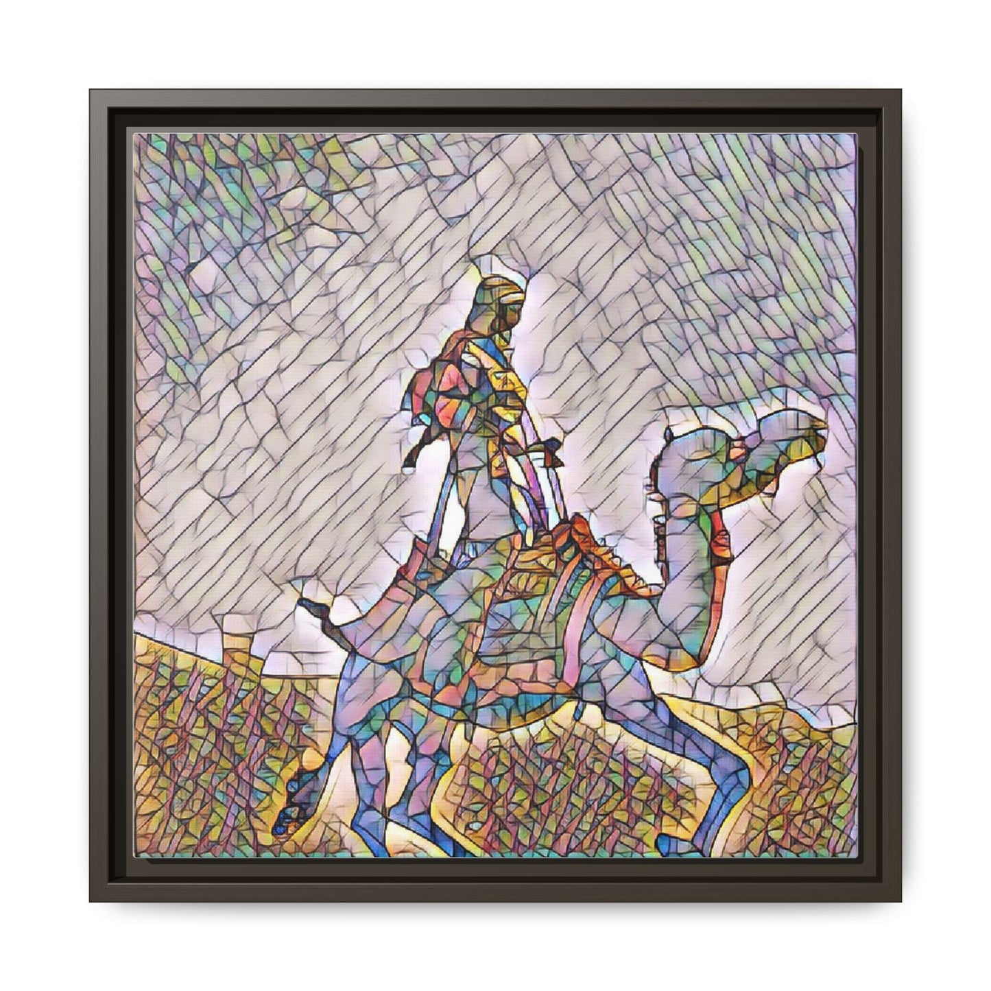 Framed Camel Rider Matte Canvas Art — Colorful Mosaic Desert Wall Decor