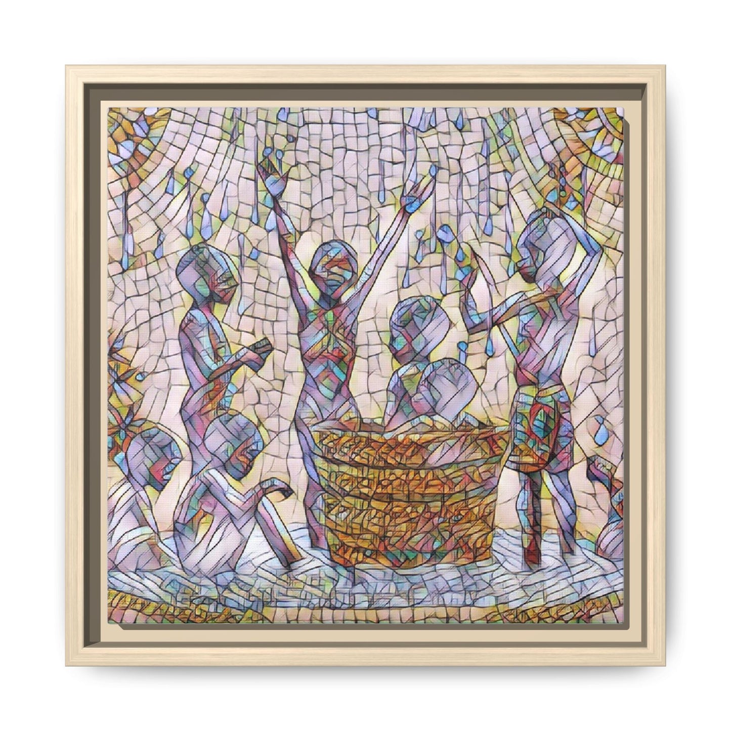 Framed Matte Canvas Art — Children Playing Mosaic Illustration