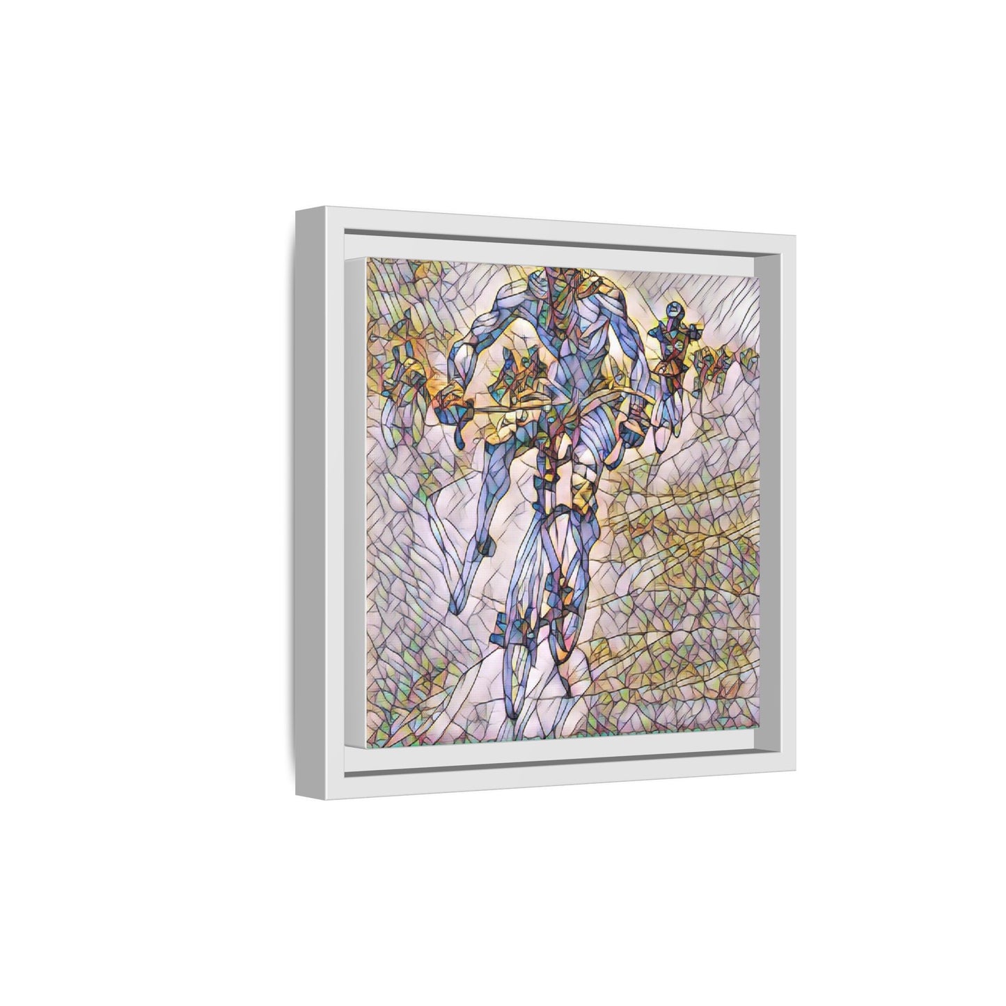 Abstract Cyclist Matte Canvas Framed Art — Colorful Stained-Glass Bike Print
