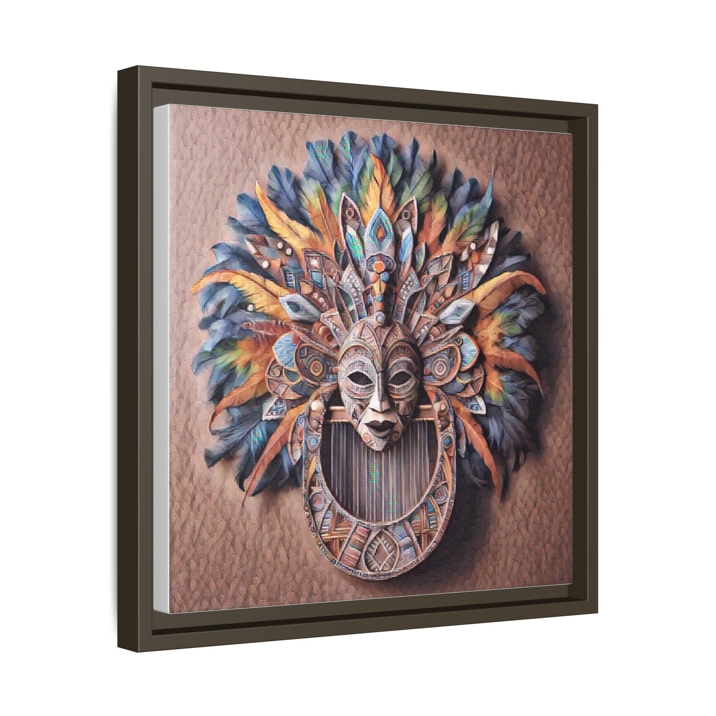 Tribal Feather Mask Framed Canvas Wall Art — Colorful Boho Decorative Print