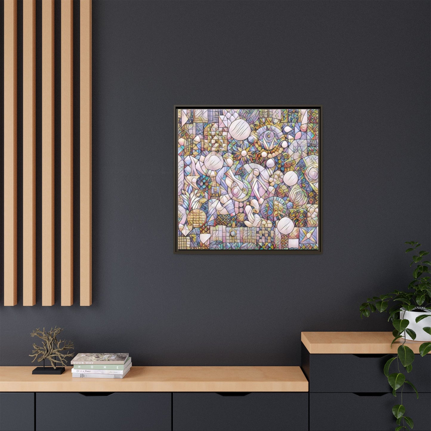 Abstract Geometric Mosaic Framed Canvas — Multicolor Modern Wall Art