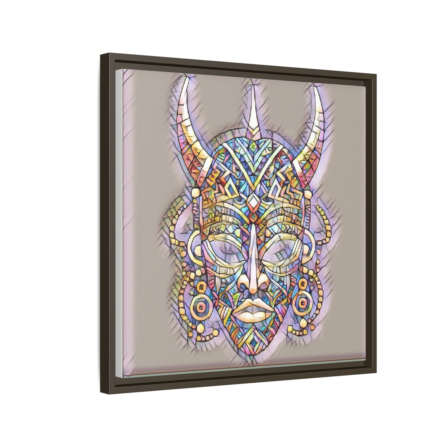 Colorful Tribal Mask Framed Canvas Art — Abstract Ethnic Wall Decor
