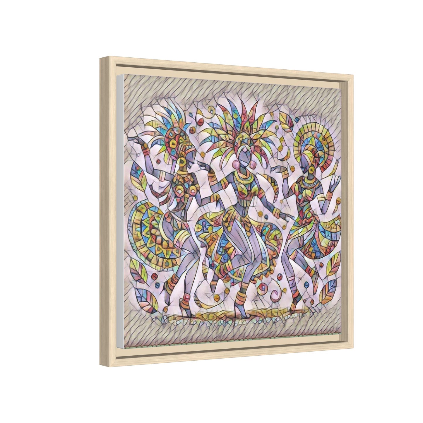 Colorful Carnival Dancers Framed Canvas Art — Multicolor Tribal Celebration Print