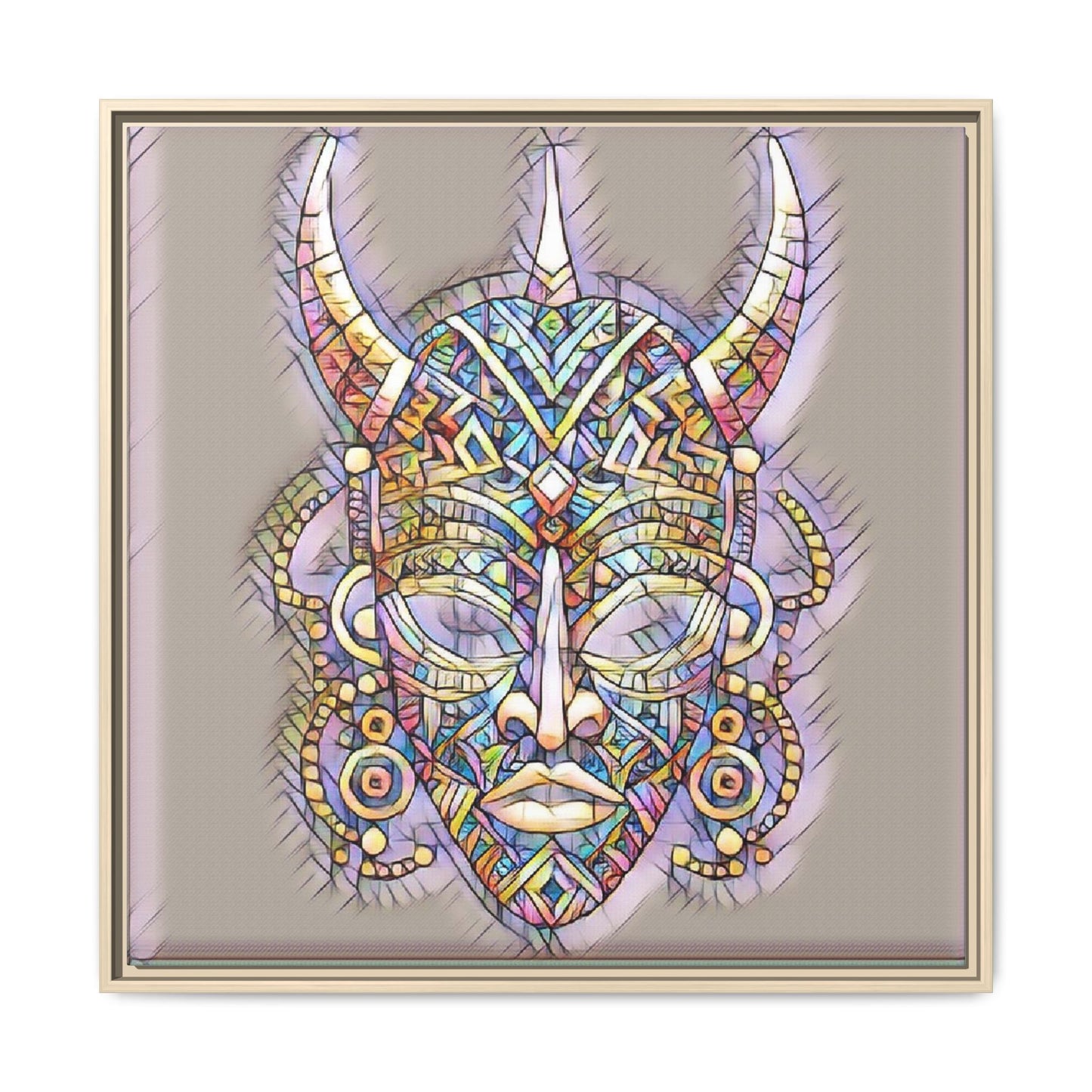 Colorful Tribal Mask Framed Canvas Art — Abstract Ethnic Wall Decor