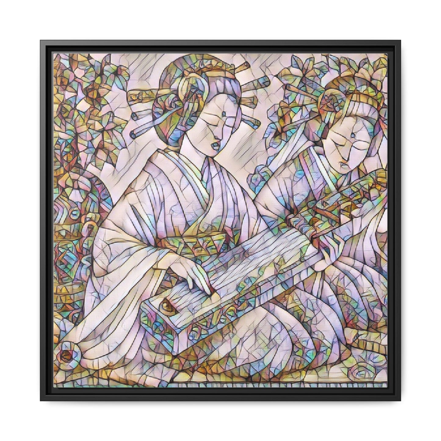 Framed Matte Canvas Print — Stained-Glass Geisha Duo