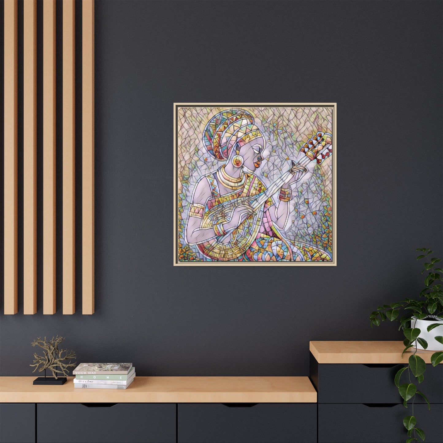 Framed Canvas Art — Colorful African Woman Playing Lute (Matte Multi‑Color)