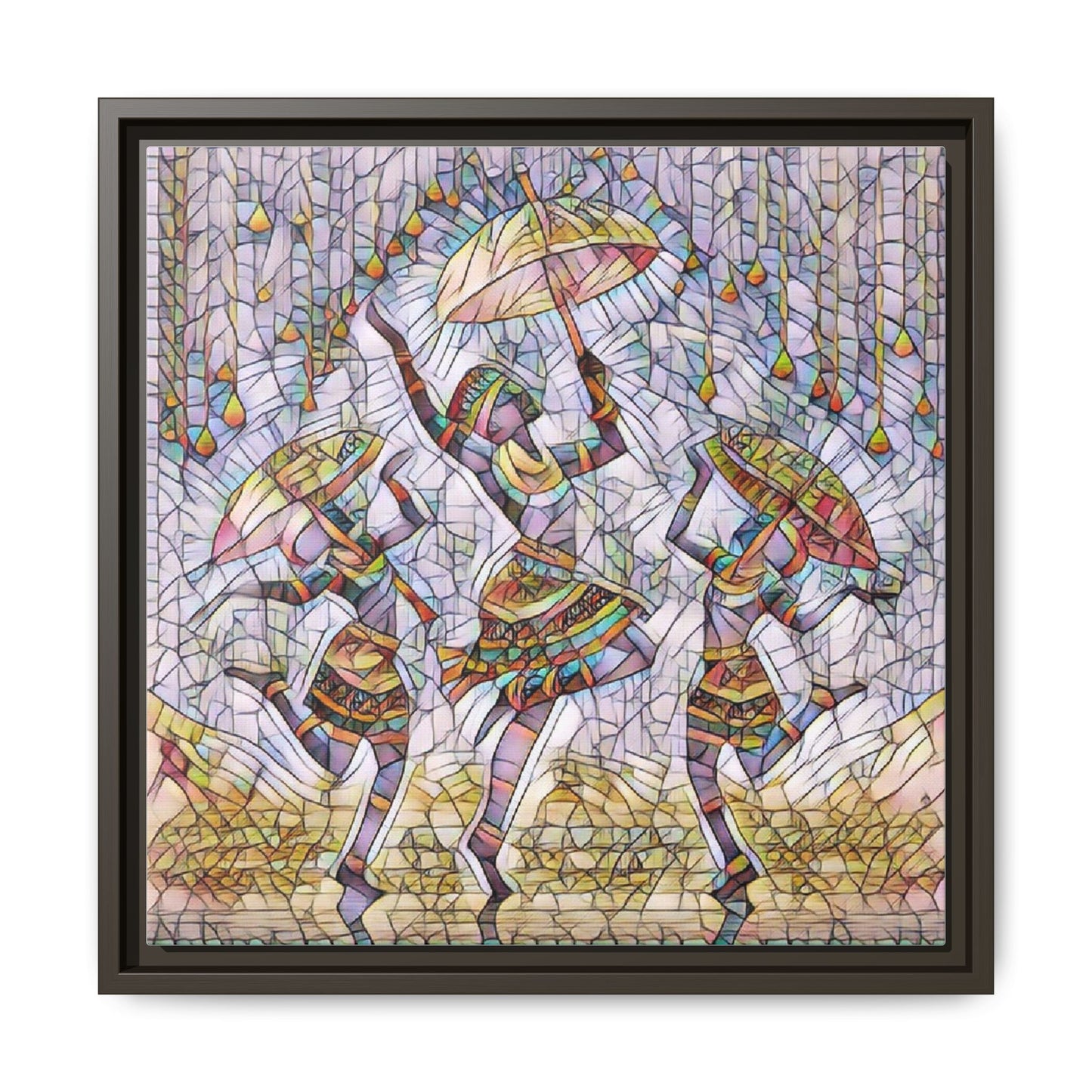 Colorful African Dance Framed Canvas Art — Umbrella Dancers Wall Decor