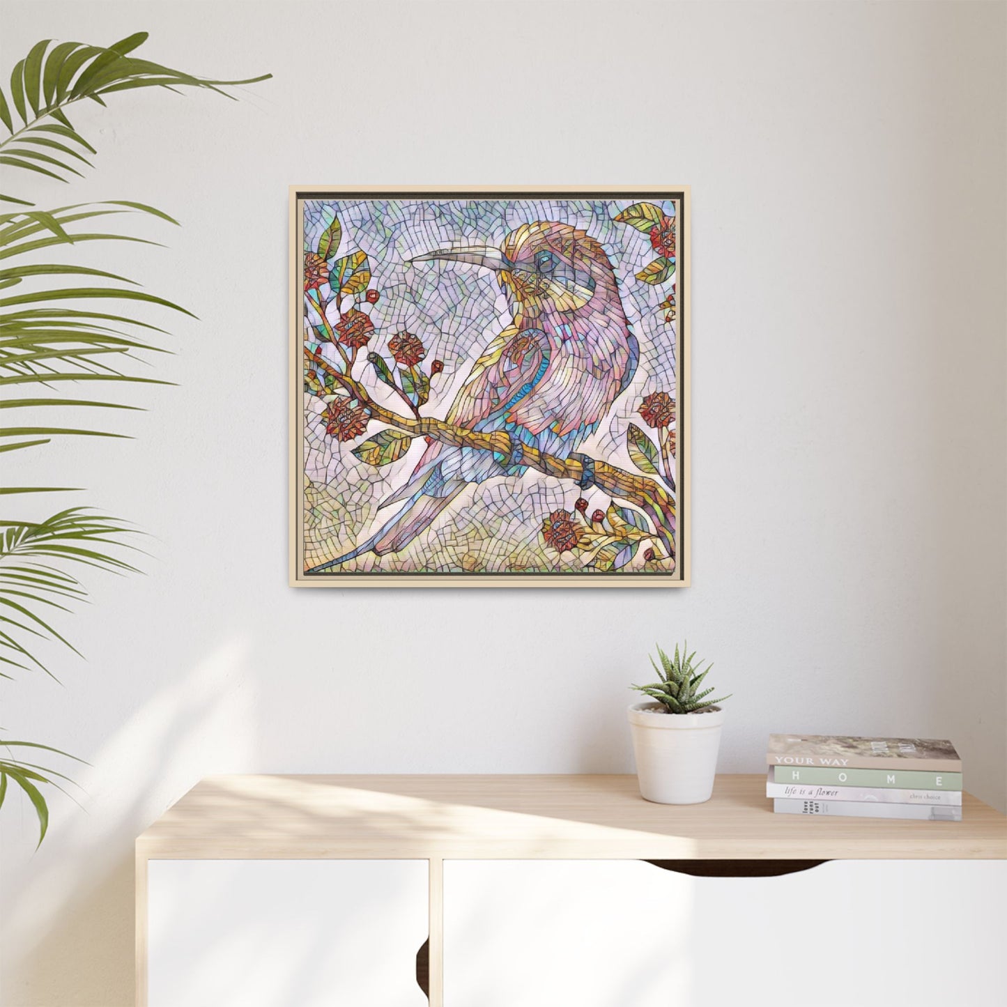 Framed Mosaic Bird Art Print — Colorful Kookaburra Wall Canvas