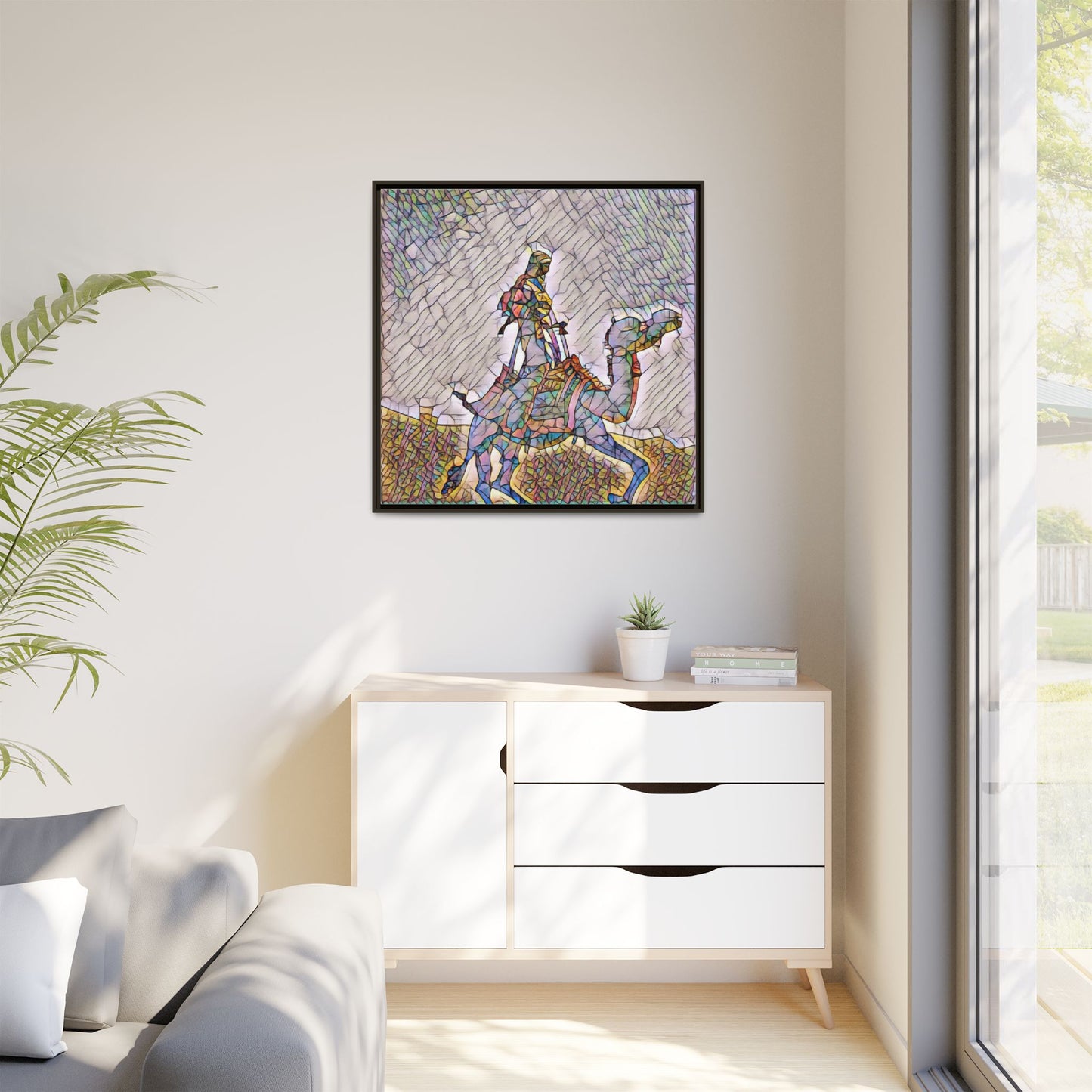 Framed Camel Rider Matte Canvas Art — Colorful Mosaic Desert Wall Decor