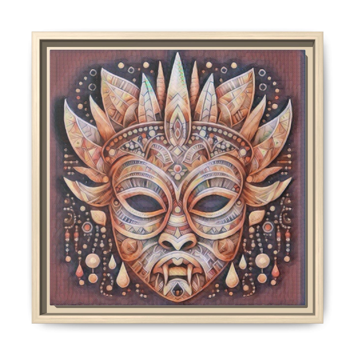 Tribal Sun Mask Framed Canvas Art — Boho Ethnic Wall Decor