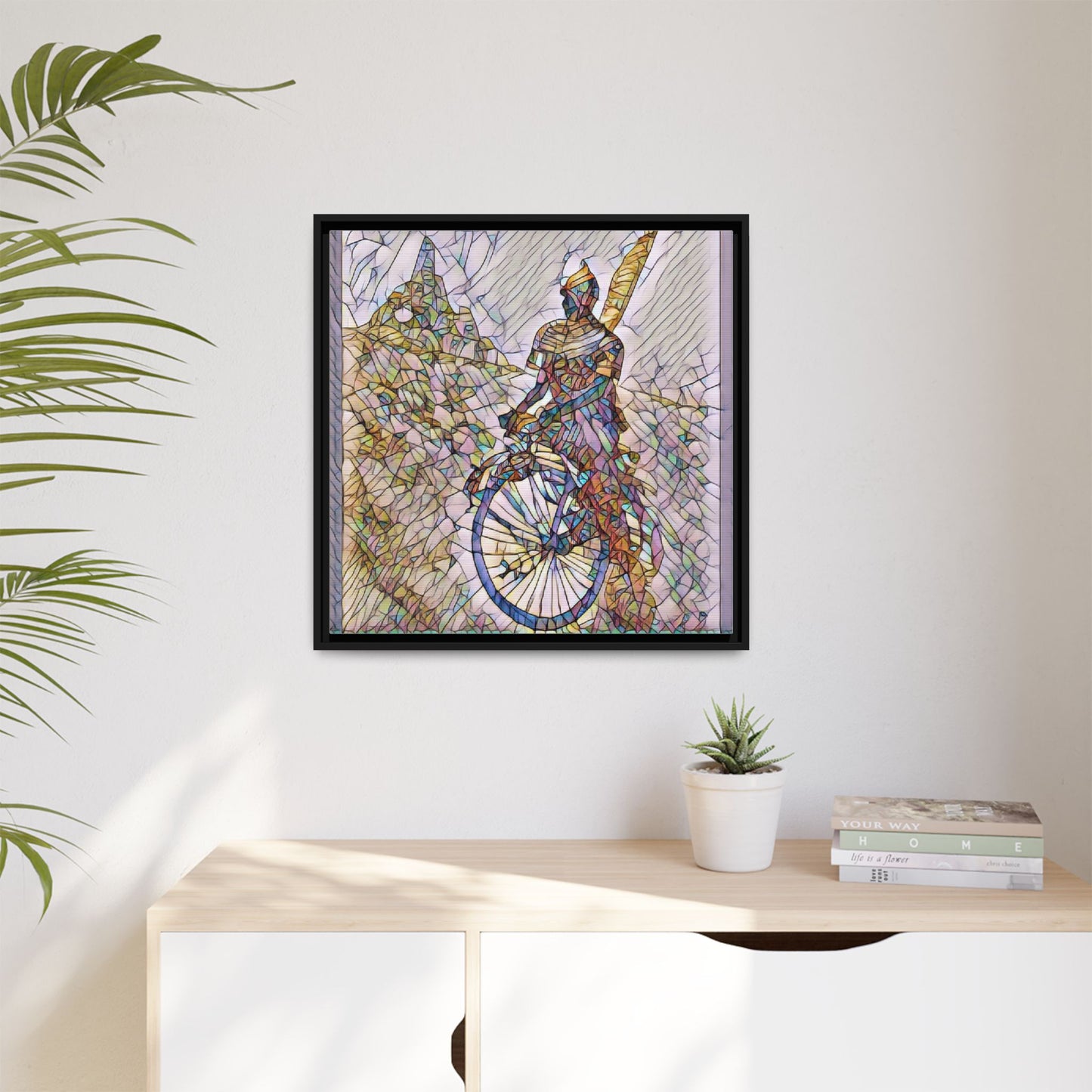 Cyclist Stained Glass Art Print — Framed Matte Canvas