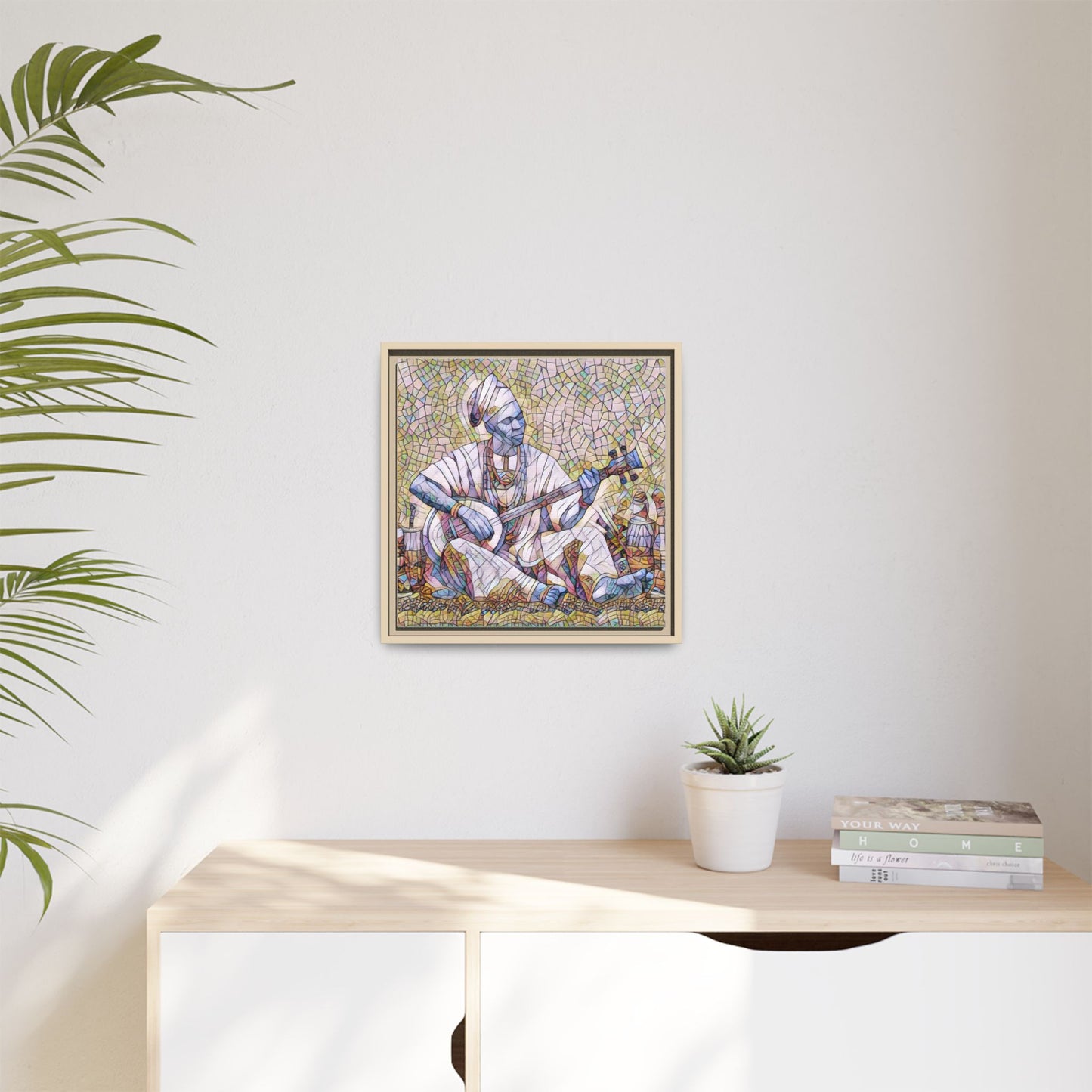 Framed Mosaic Musician Canvas Art — African Griot with Kora