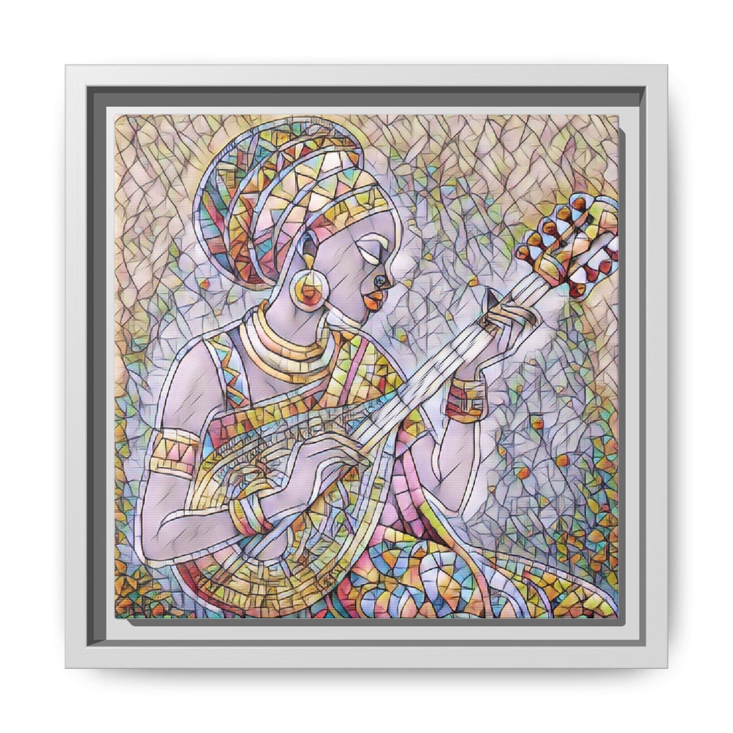 Framed Canvas Art — Colorful African Woman Playing Lute (Matte Multi‑Color)