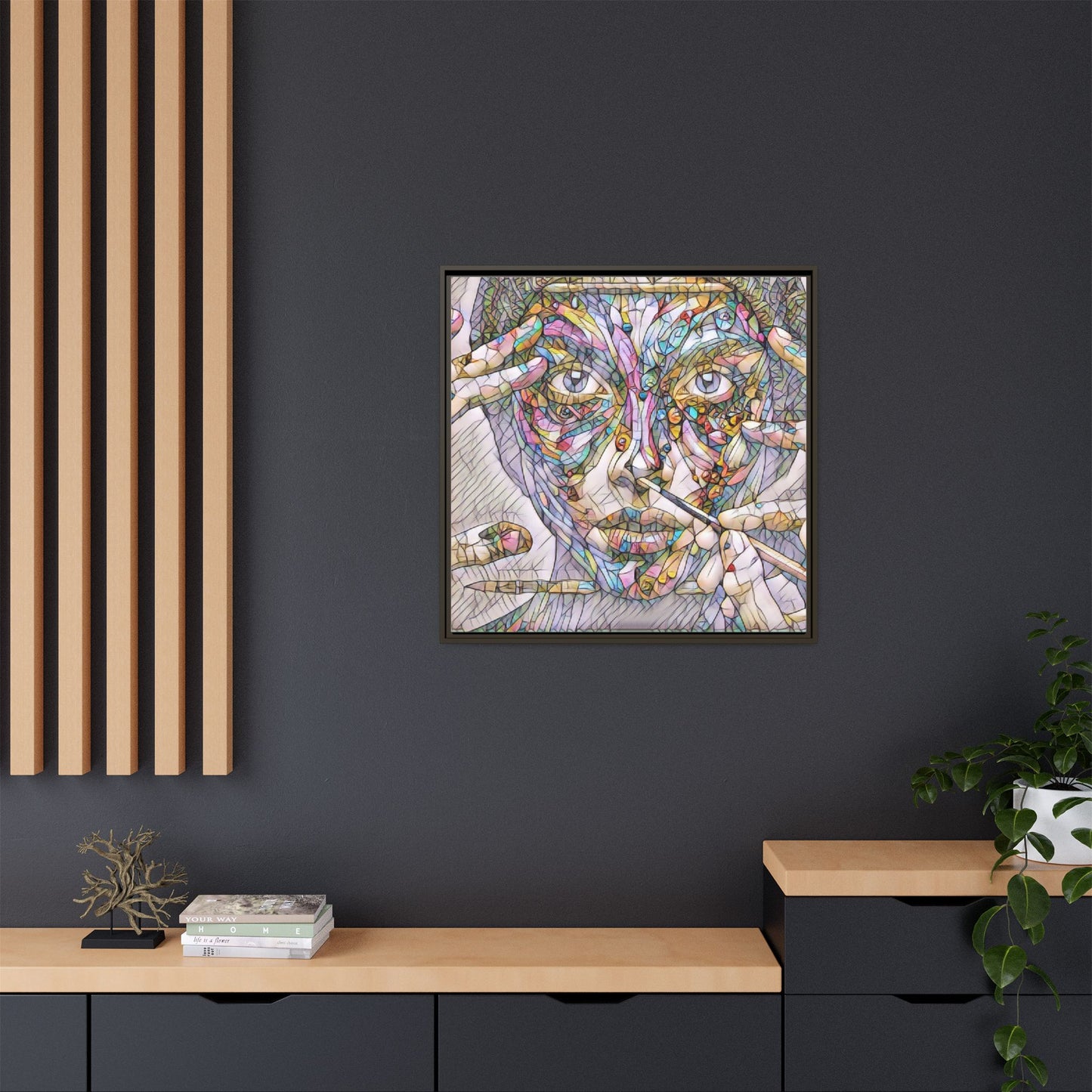 Framed Abstract Mosaic Face Canvas — Colorful Modern Wall Art