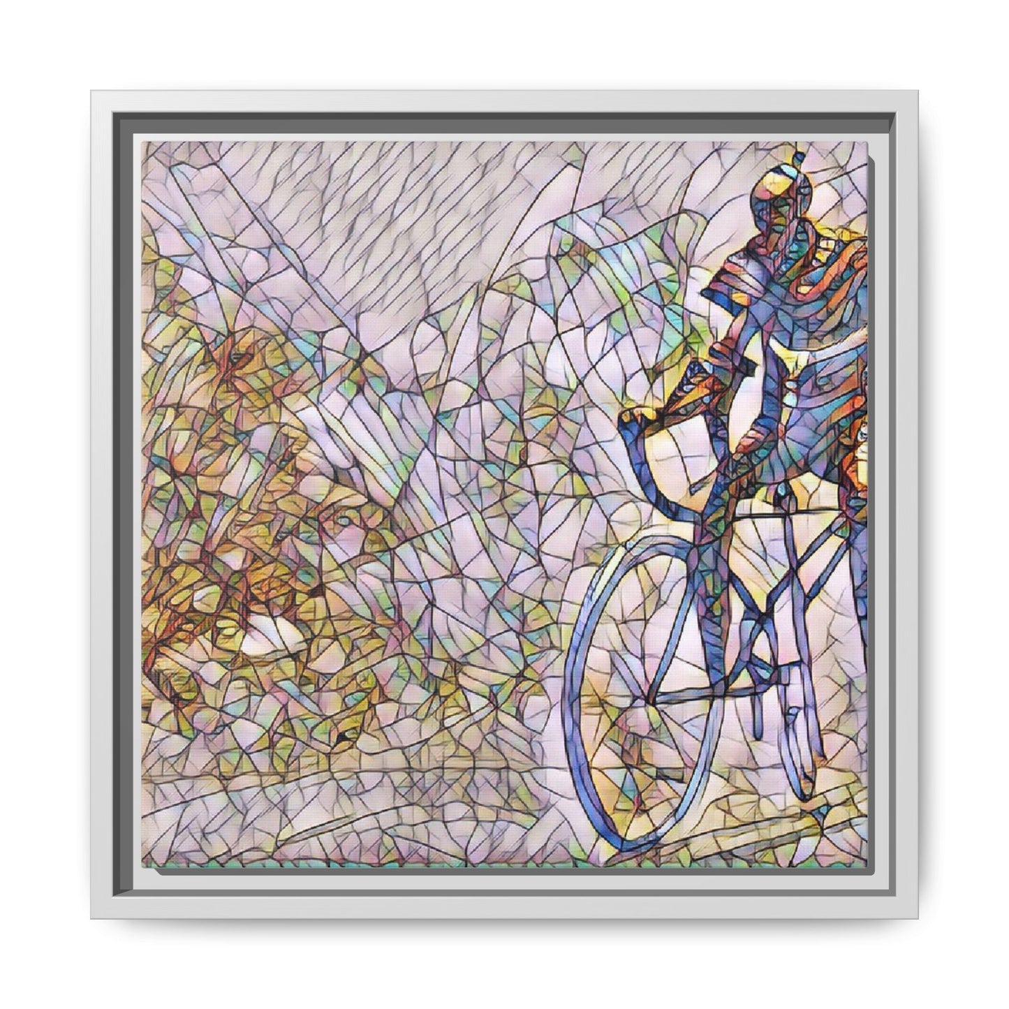 Colorful Cyclist Stained-Glass Art — Framed Matte Canvas